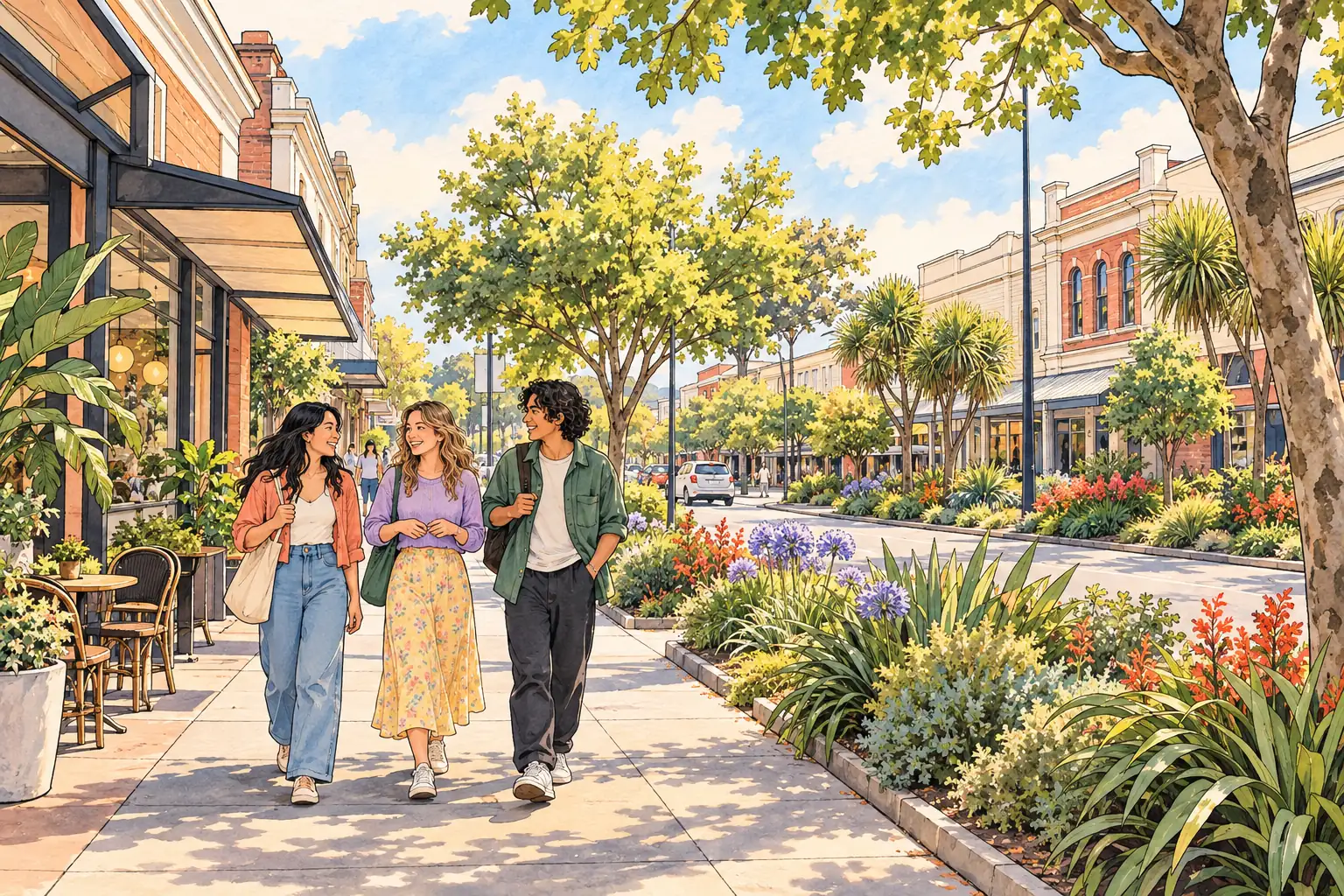 A hand-drawn view of Palmerston North, with local streets, greenery and young adults together.