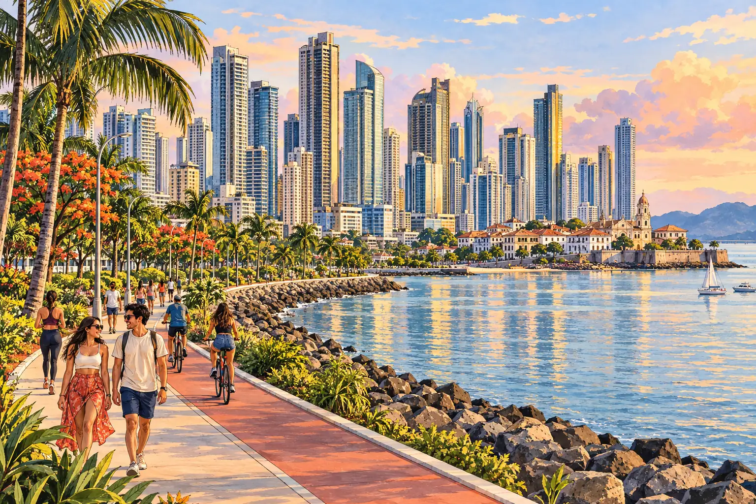 A hand-drawn view of Panama City’s Cinta Costera, bayfront and high-rise skyline.