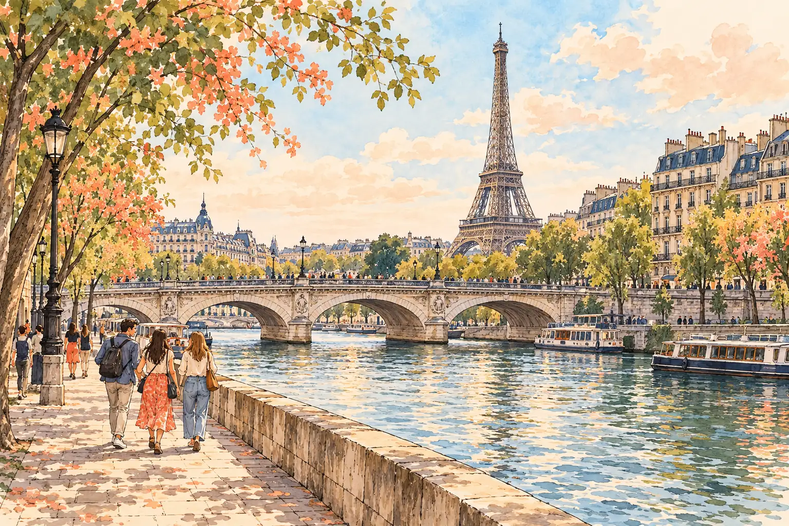 A hand-drawn view of Paris, with local streets, greenery and young adults together.