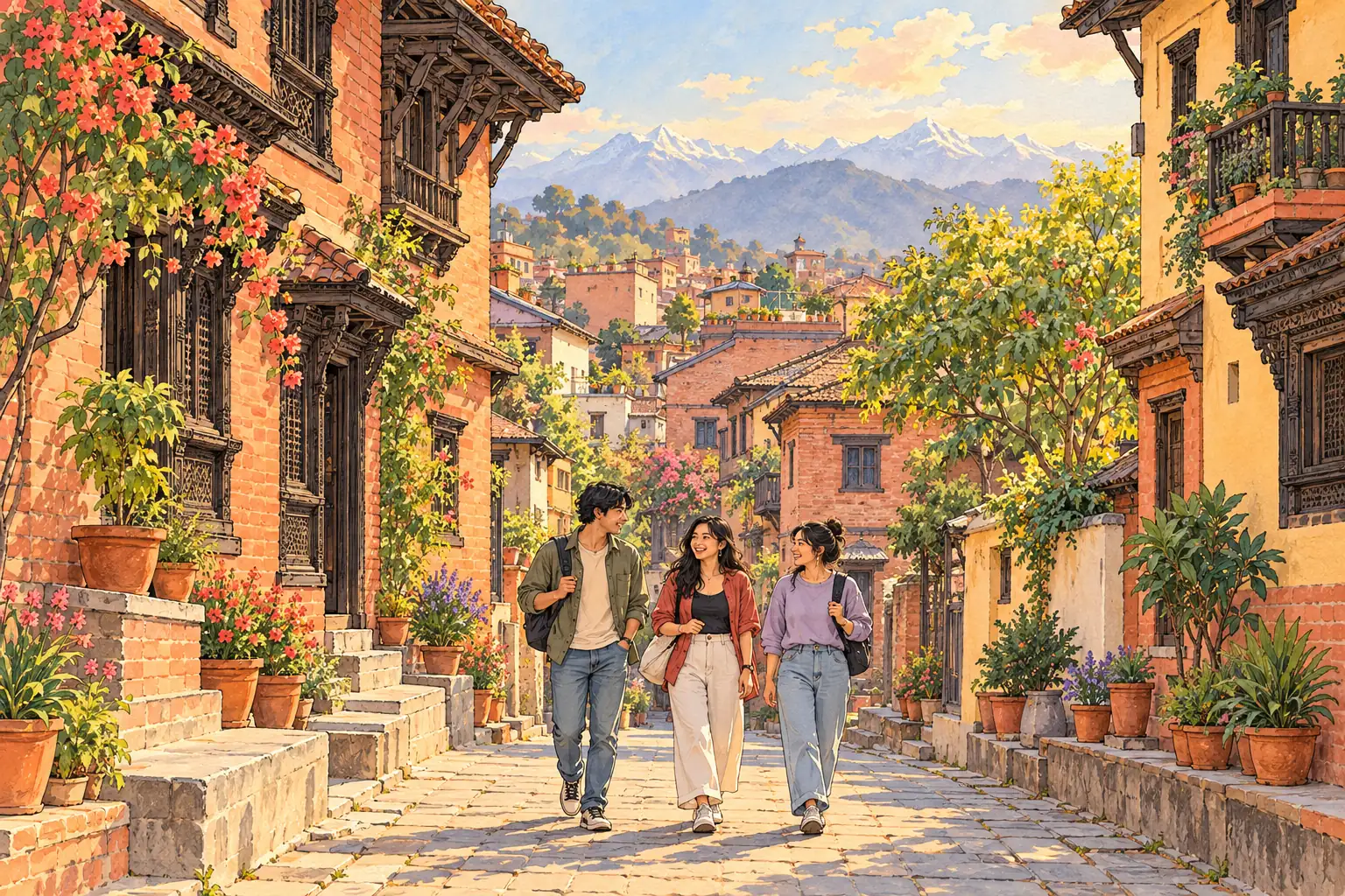 A hand-drawn Pātan streetscape with brick homes, carved wooden windows, Himalayan foothills and young adults walking together.
