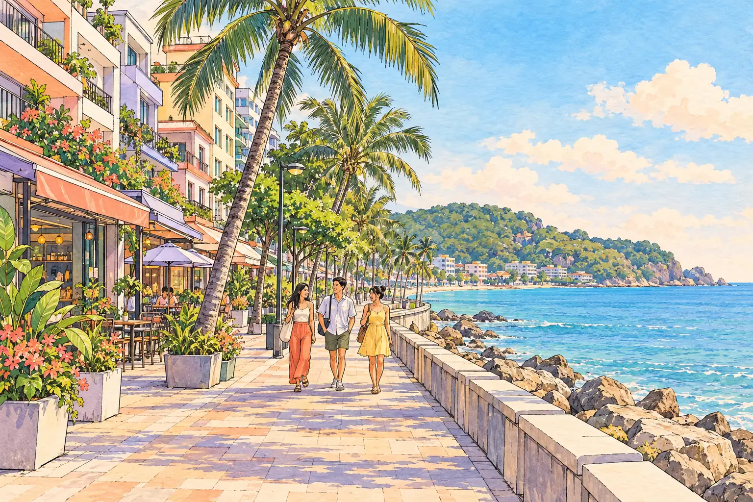 A hand-drawn Pattaya coastal neighborhood with young adults walking along a palm-lined waterfront promenade.