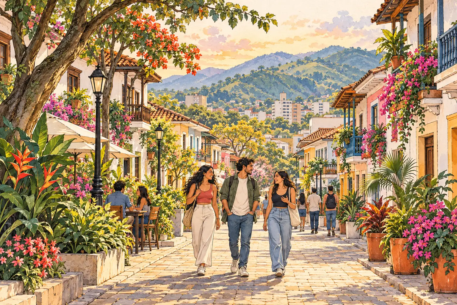 A hand-drawn Pereira streetscape with pastel hillside homes, leafy gardens and young adults walking together.