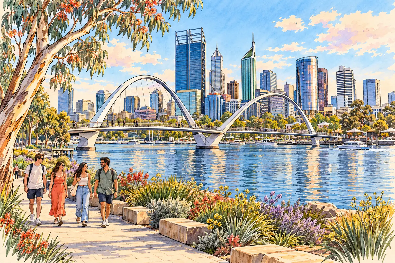 A hand-drawn Perth waterfront with Elizabeth Quay bridge, the Swan River and skyline.