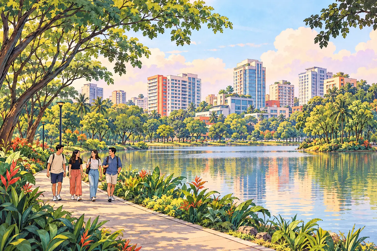 A hand-drawn regional view of a green lakeside neighborhood in Petaling Jaya.