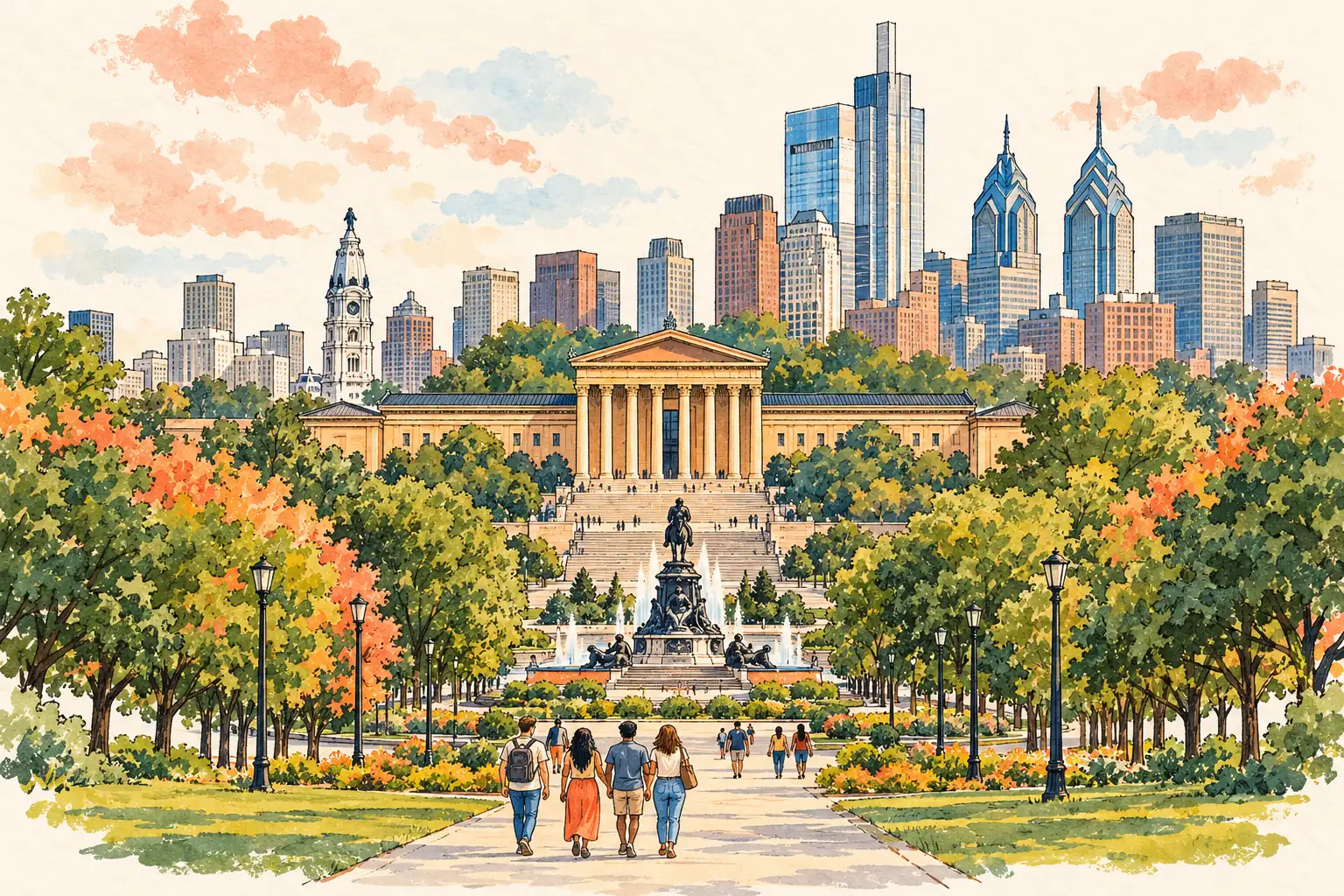 A hand-drawn view of the Philadelphia Museum of Art and its parkway, with young adults walking in the garden.