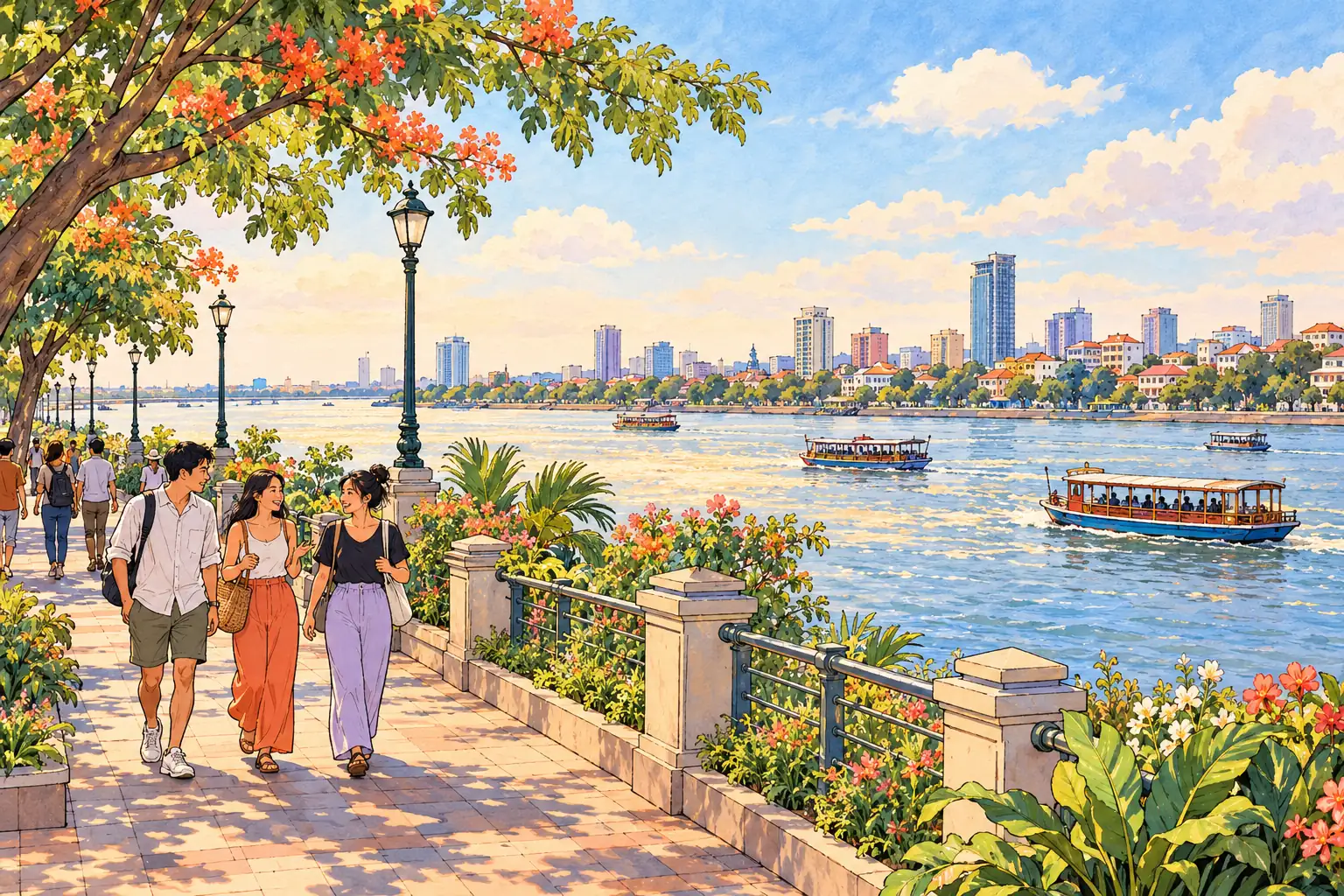 A hand-drawn view of Phnom Penh’s tropical riverside, with young adults strolling beside the Mekong and Tonle Sap.