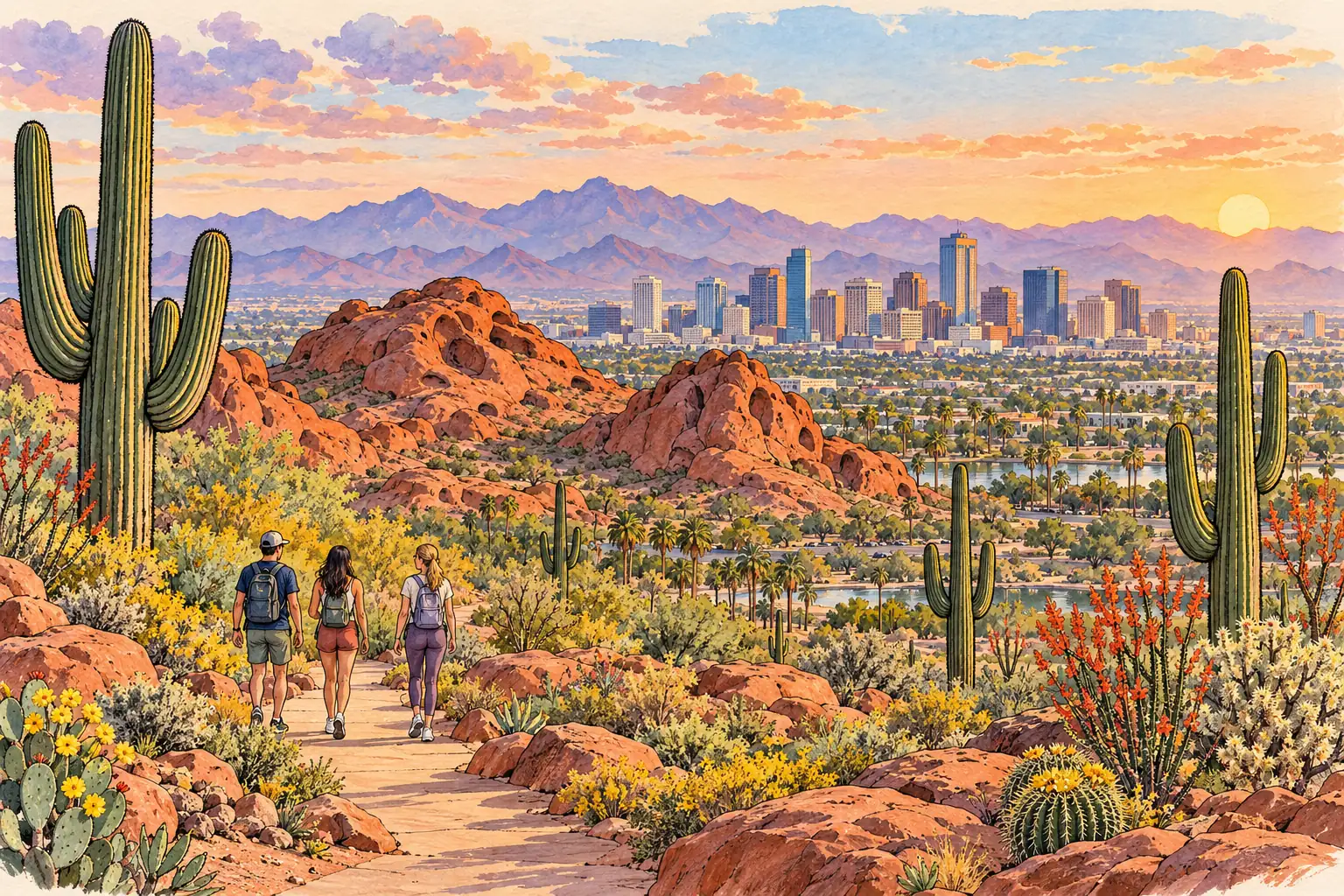 A hand-drawn Phoenix scene with Papago Park’s red buttes, saguaro cacti and downtown skyline.
