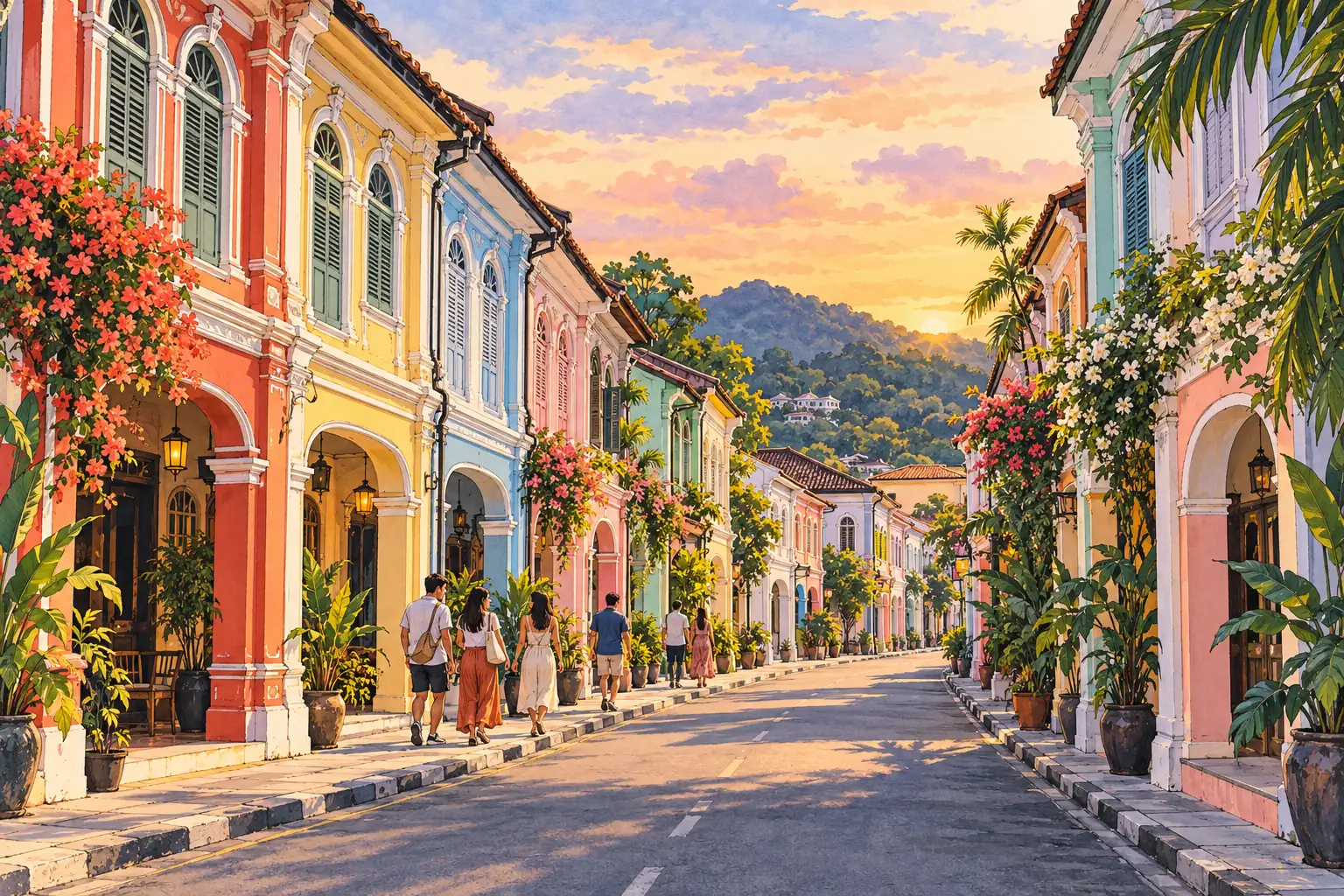 A hand-drawn view of Phuket Old Town’s colorful Sino-European shophouses.