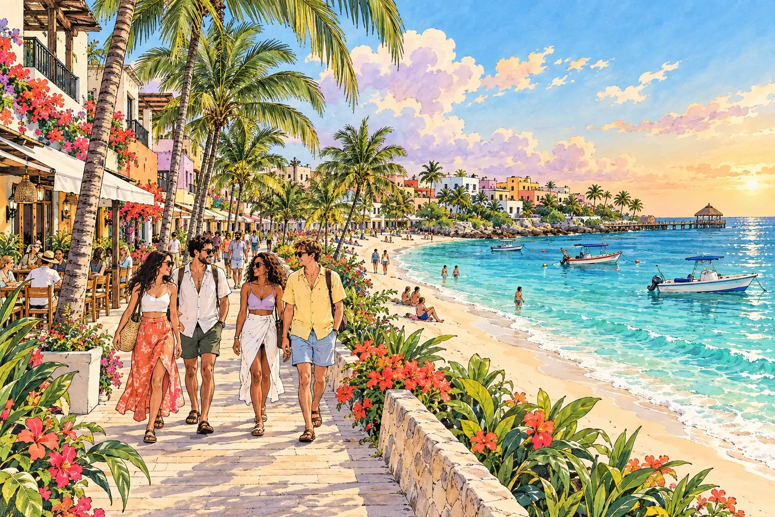 A hand-drawn tropical beachfront promenade beside the Caribbean in Playa del Carmen.