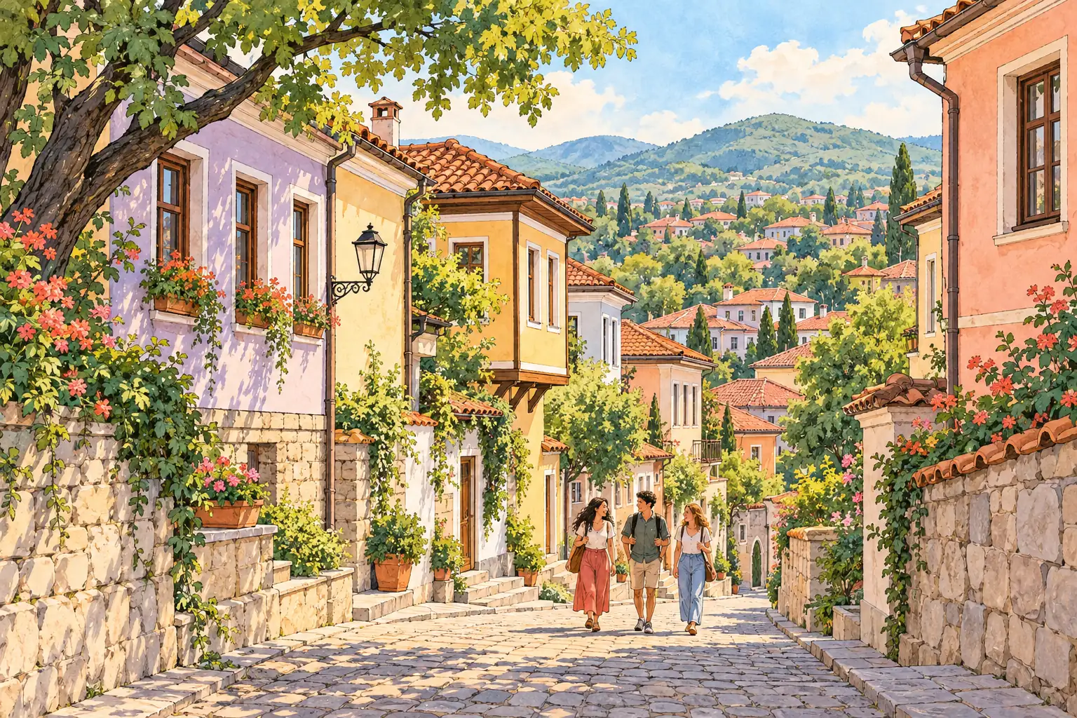 A hand-drawn Plovdiv hillside lane with young adults walking between pastel buildings and red-tile roofs.