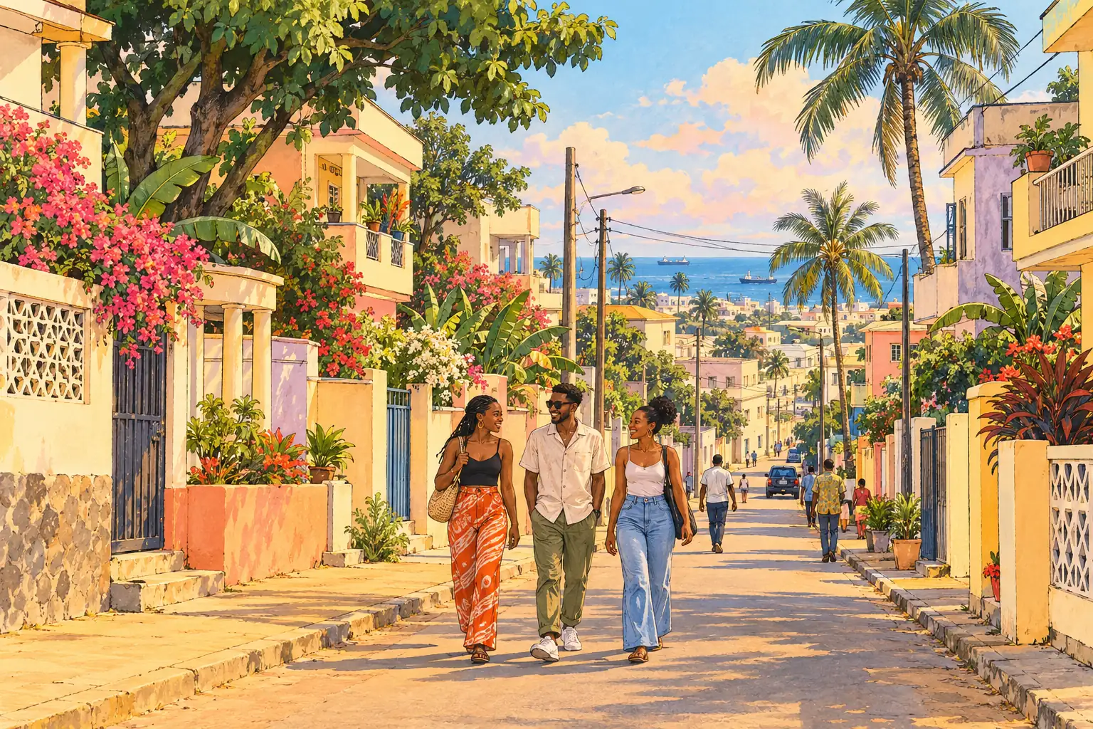 A hand-drawn Pointe-Noire streetscape with tropical trees, pastel homes, the Atlantic coast and young adults walking together.