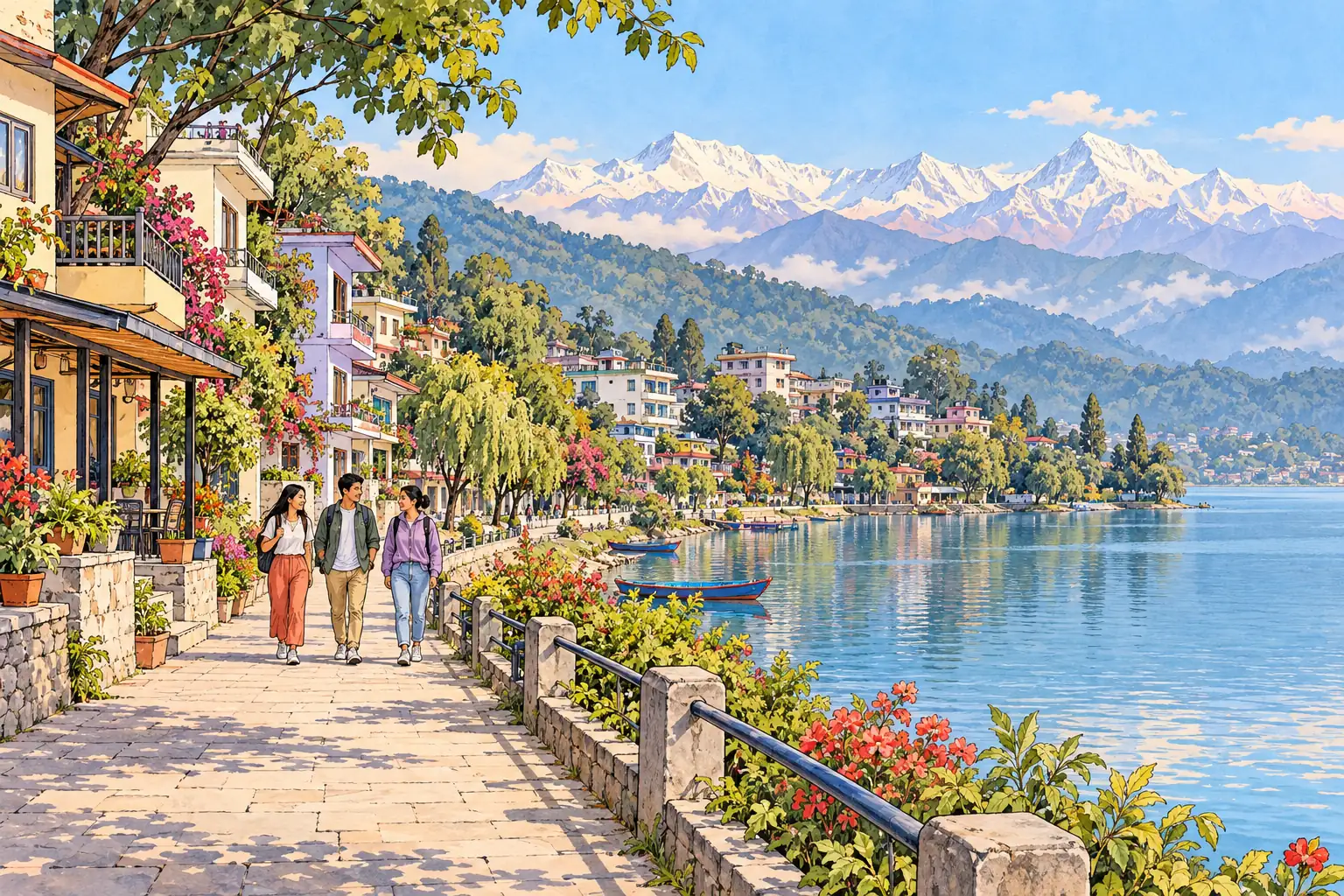 A hand-drawn Pokhara lakeside neighborhood with young adults walking below the Himalayan ridges.