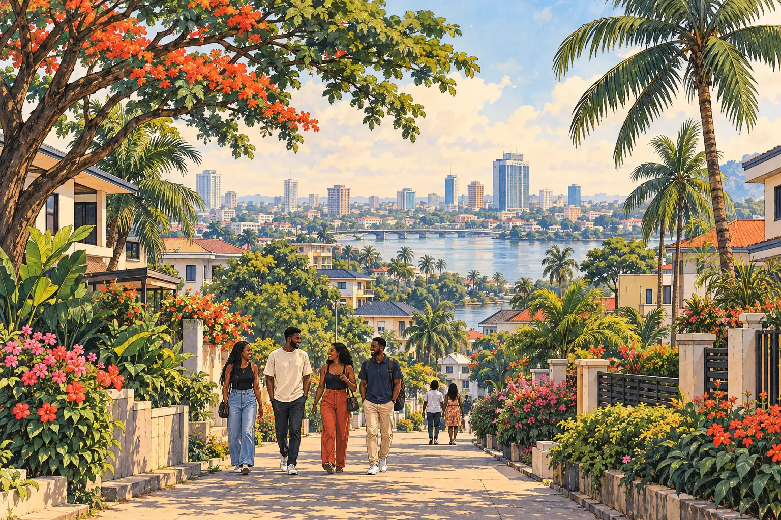 A hand-drawn garden-city view of Port Harcourt with tropical greenery, low-rise buildings and young adults walking together.