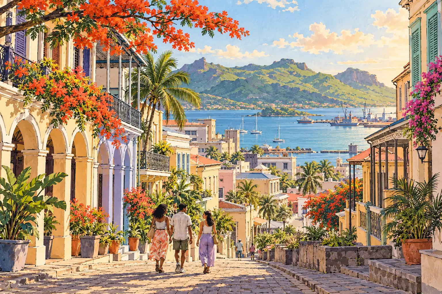 A hand-drawn Port Louis hillside street with tropical arcades, harbor water and young adults walking toward the waterfront.