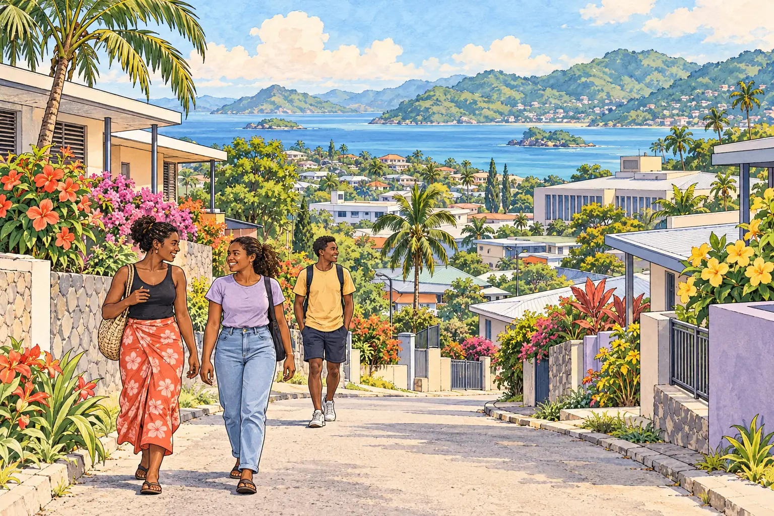 A hand-drawn view of Port Moresby, with local streets, greenery and young adults together.