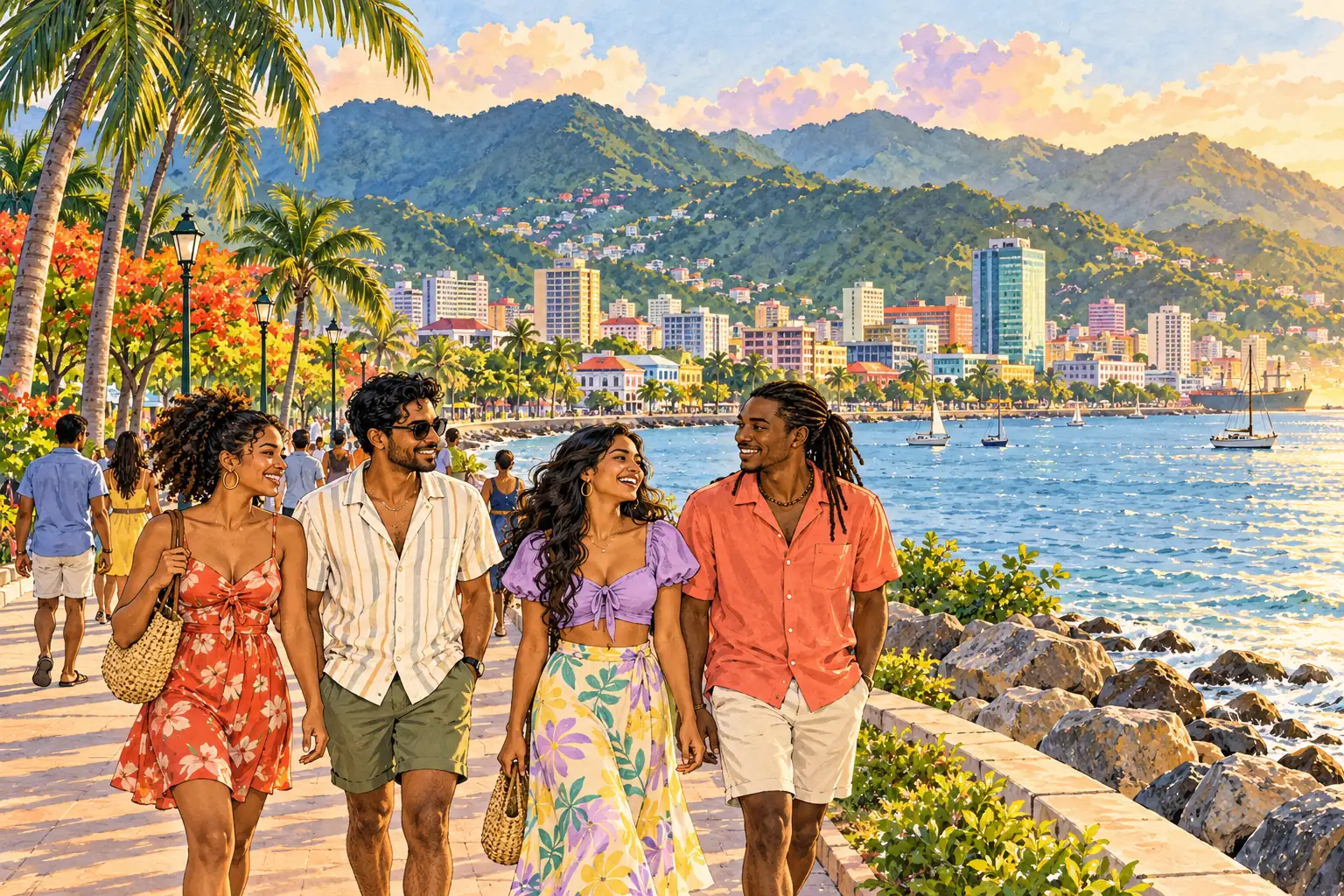 A hand-drawn generic view of Port of Spain, with the Gulf of Paria, green Northern Range and young adults along the waterfront.
