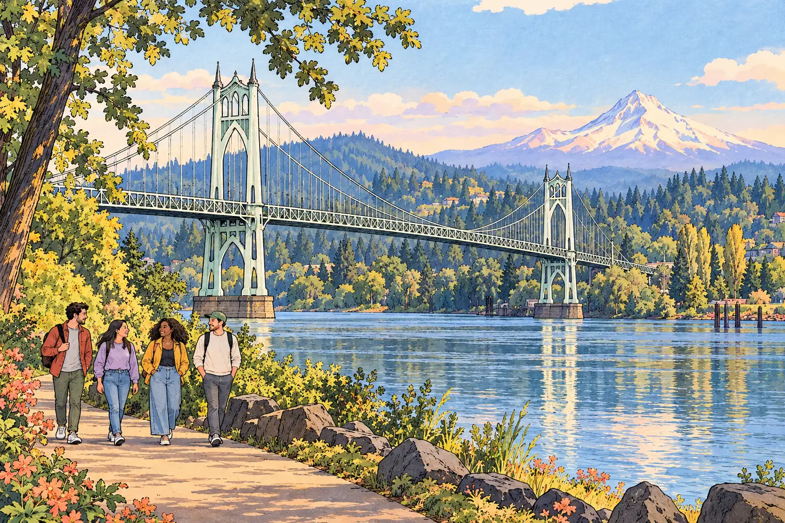 A hand-drawn Portland, Oregon view with St. Johns Bridge, the Willamette and Mount Hood.