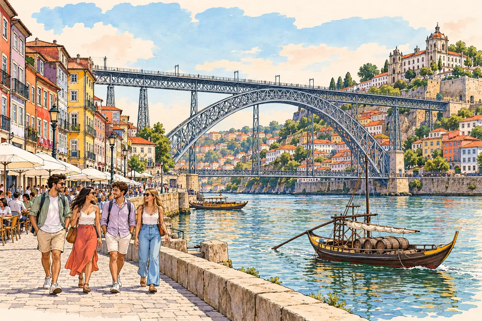A hand-drawn view of Porto’s Dom Luís I Bridge and colorful Douro riverfront, with young adults strolling nearby.