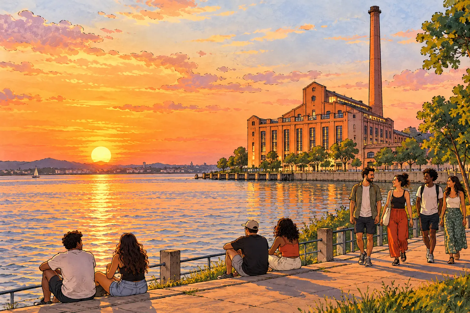 Young adults enjoy a sunset walk by Lake Guaíba and Porto Alegre’s old Gasômetro building.