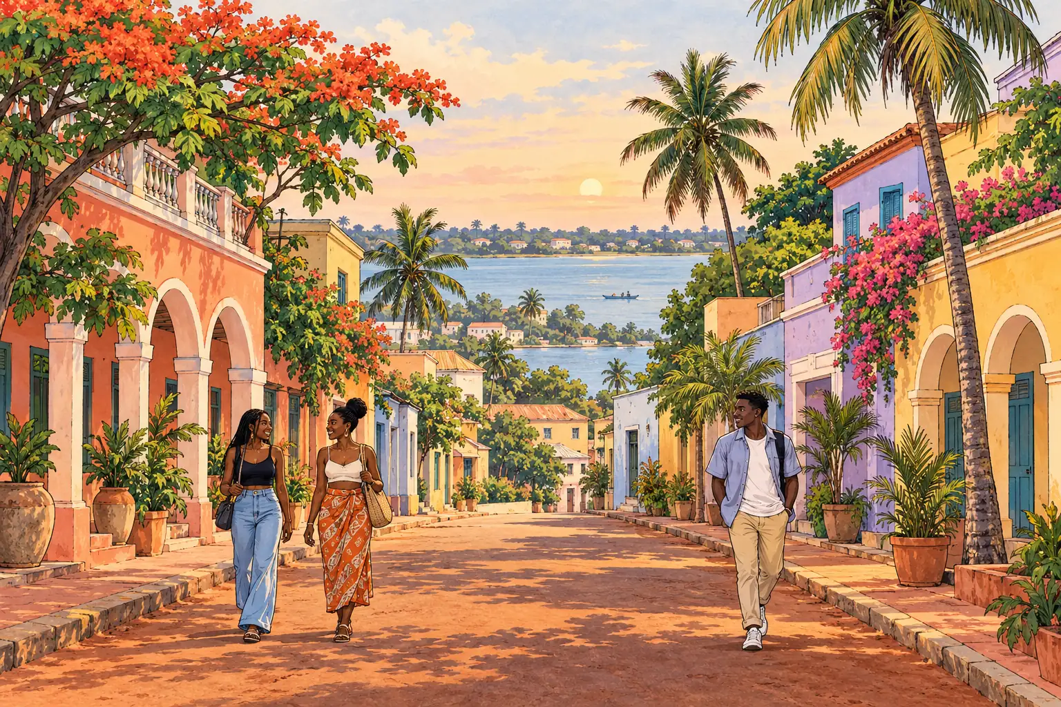 A hand-drawn view of Porto-Novo, with local streets, greenery and young adults together.