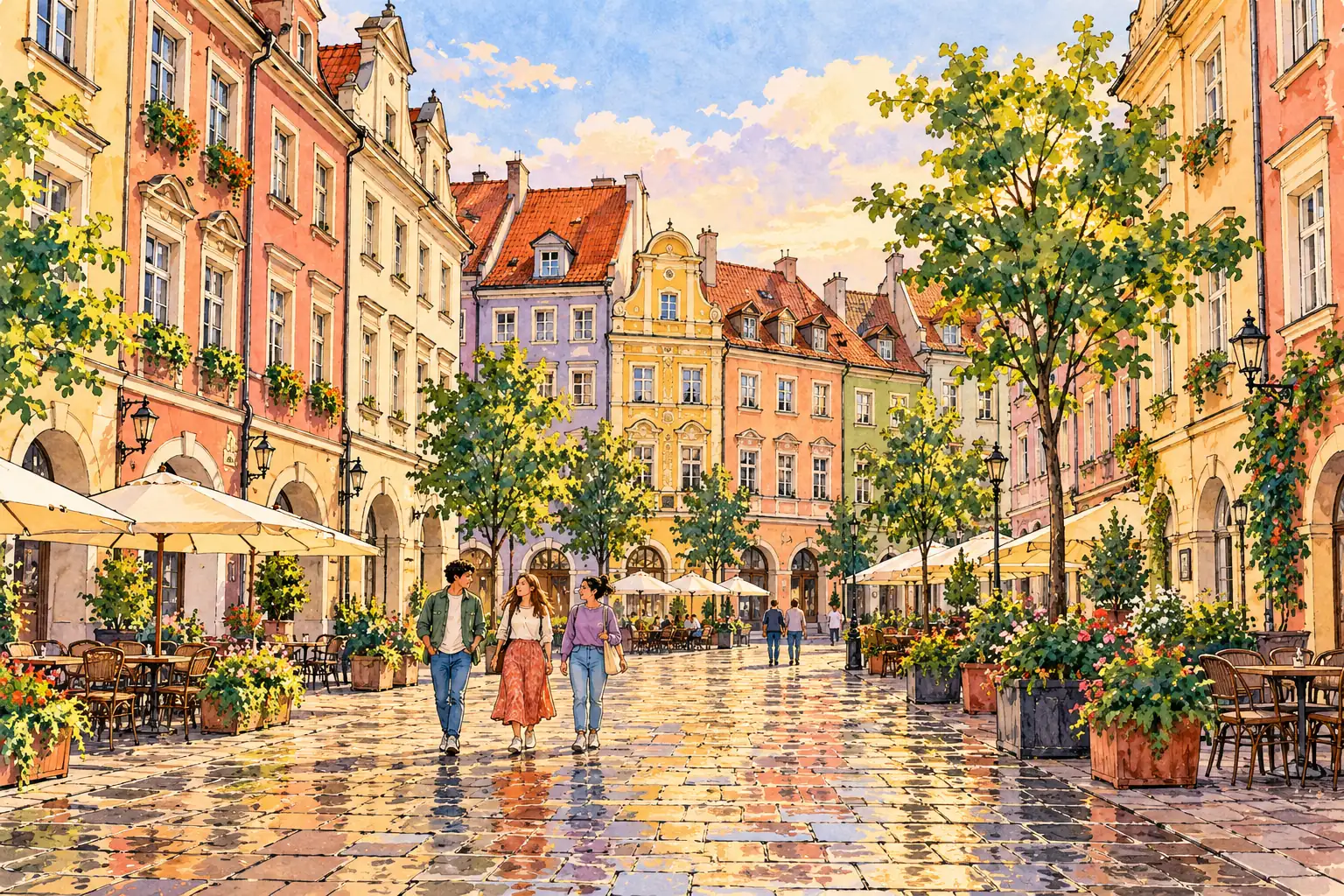 A hand-drawn Poznań square with colorful Central European townhouses and young adults walking together.