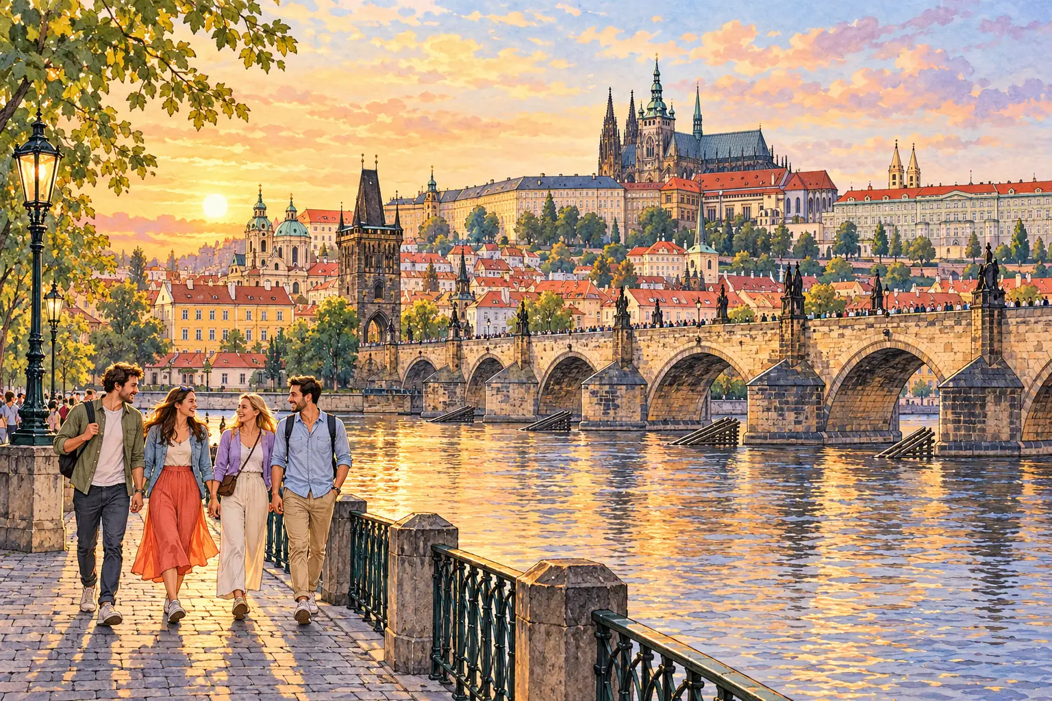 A hand-drawn Prague river view with Charles Bridge and Prague Castle at sunset.