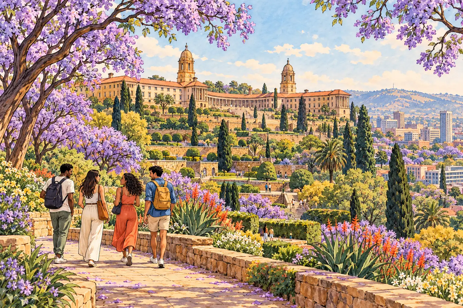 A hand-drawn view of Pretoria’s Union Buildings among flowering jacarandas, with young adults walking in terraced gardens.