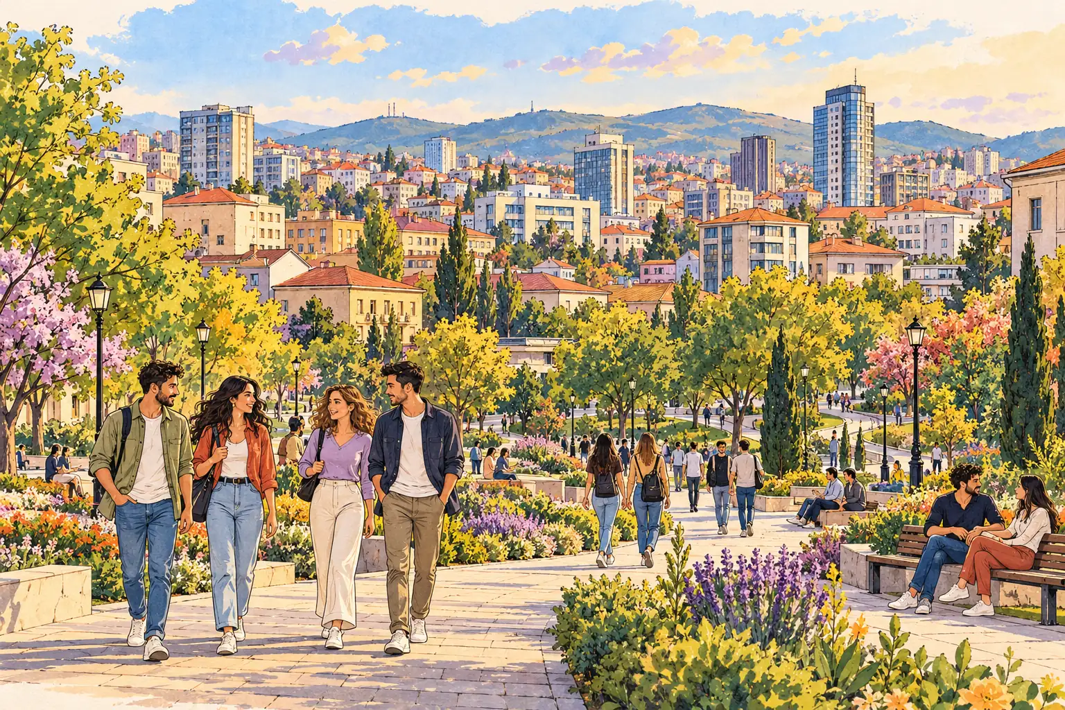 A hand-drawn generic view of Pristina, with a leafy city park, urban rooftops and young adults enjoying the paths.