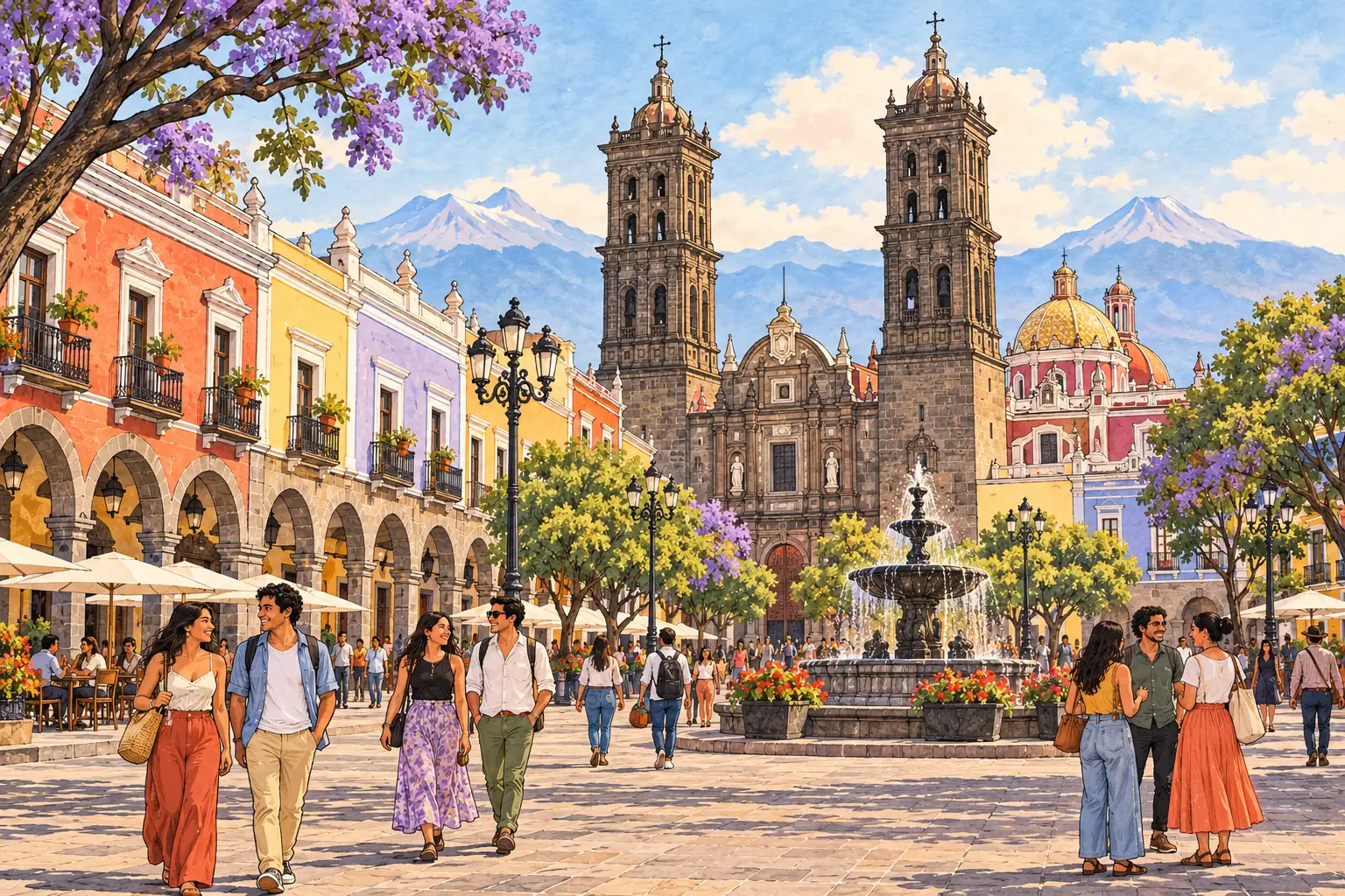 A hand-drawn view of Puebla’s cathedral and colorful historic plaza, with young adults meeting outdoors.
