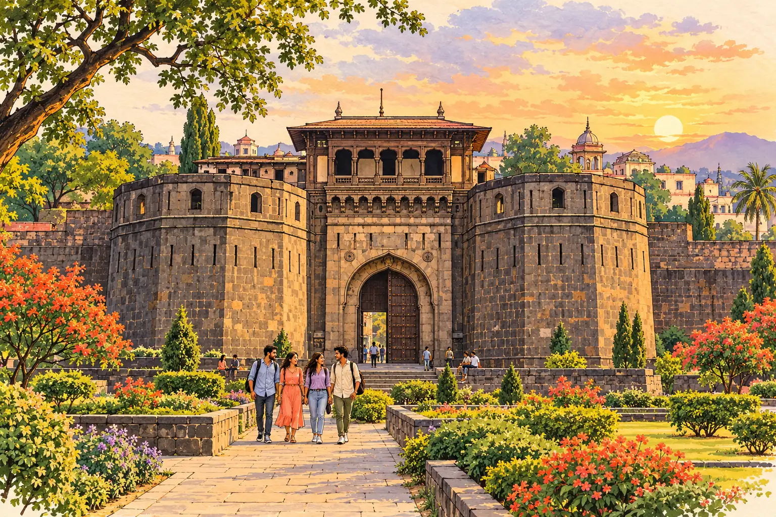 A hand-drawn Pune scene with Shaniwar Wada’s stone gates, garden paths and young adults.