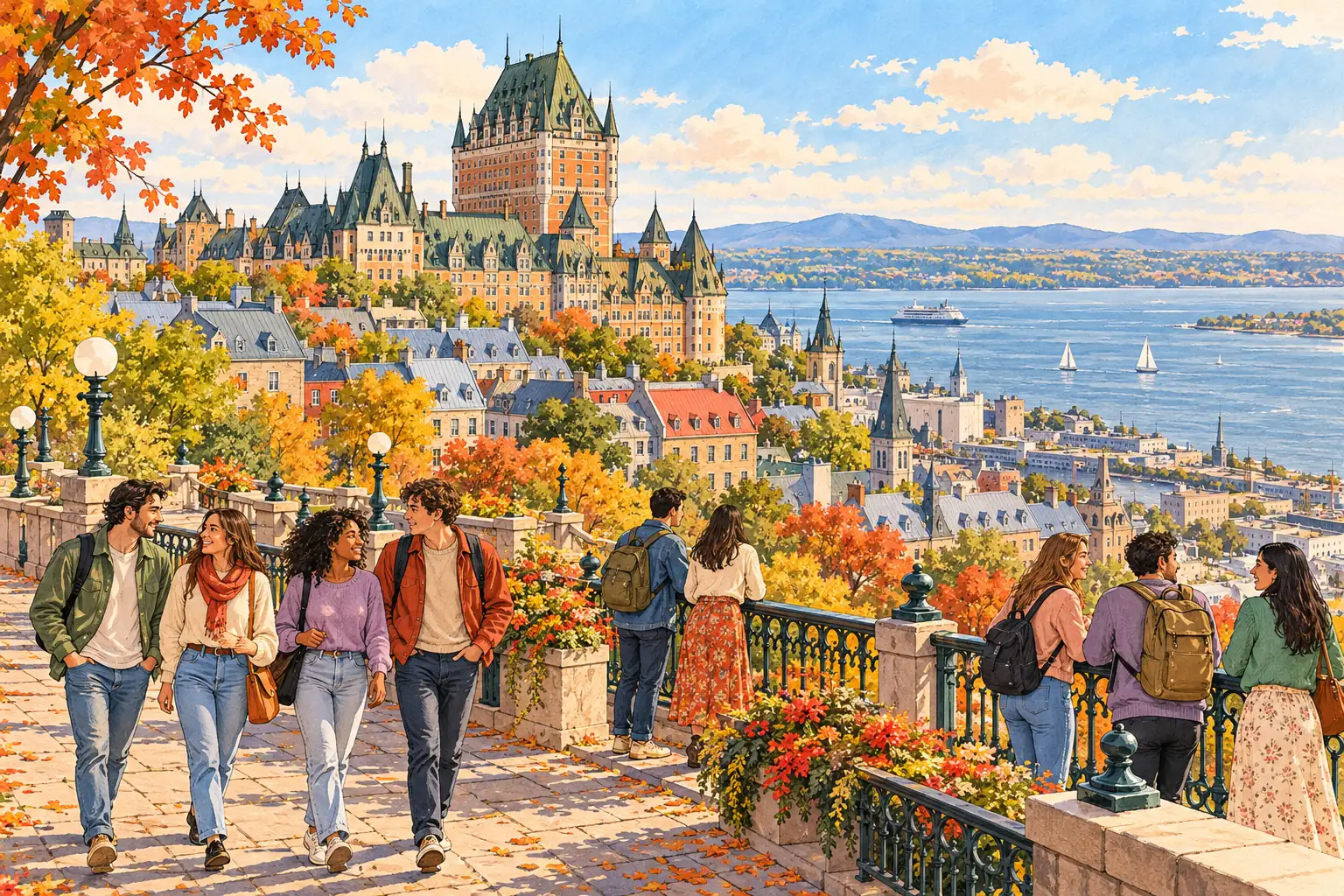 A hand-drawn view of Château Frontenac above Old Québec and the St. Lawrence River, with young adults on a terrace.