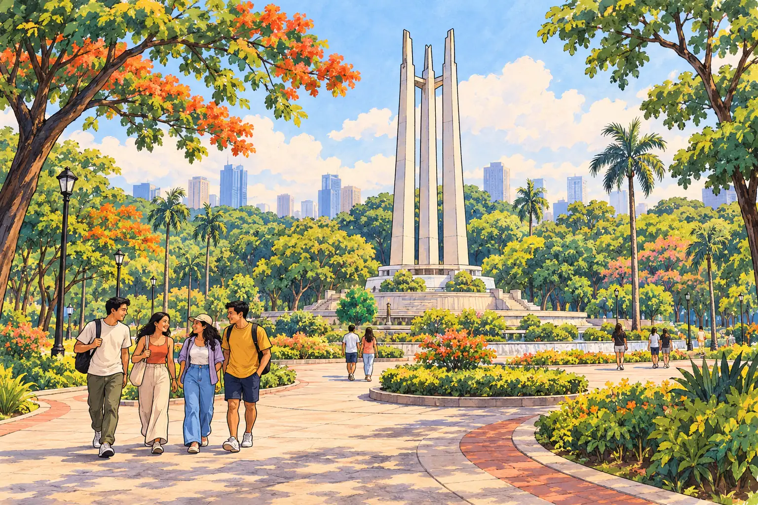 Young adults enjoy the tree-lined paths and three-pylon shrine at Quezon Memorial Circle.
