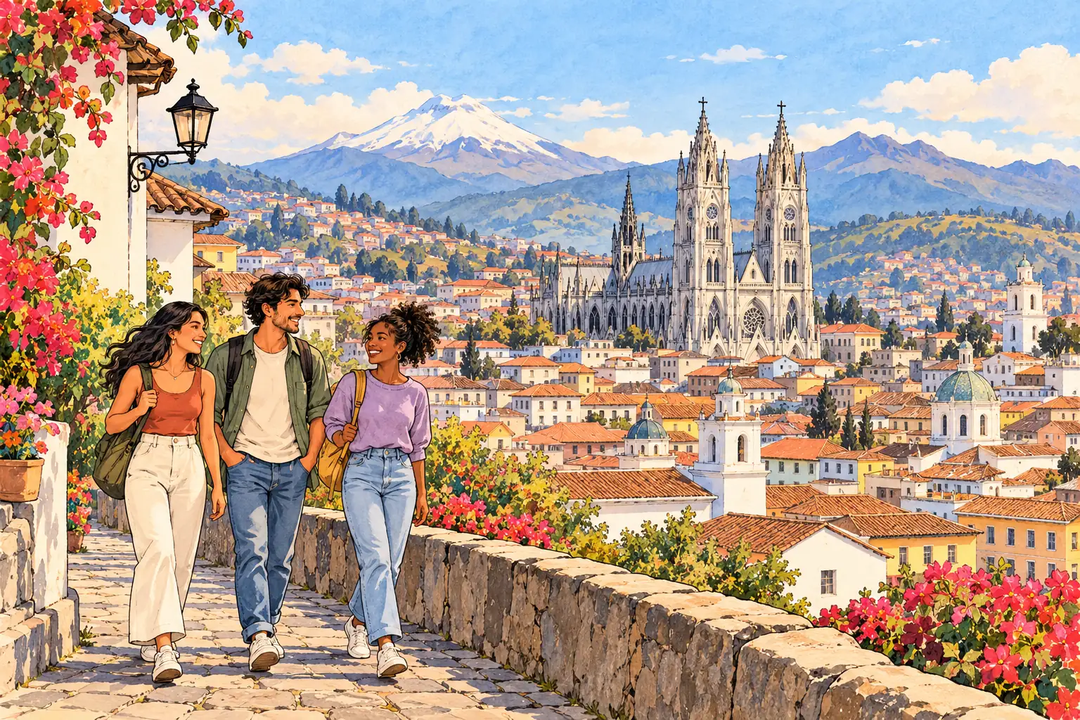 A hand-drawn Quito view with the Basilica del Voto Nacional, terracotta roofs, Andes and young adults walking.