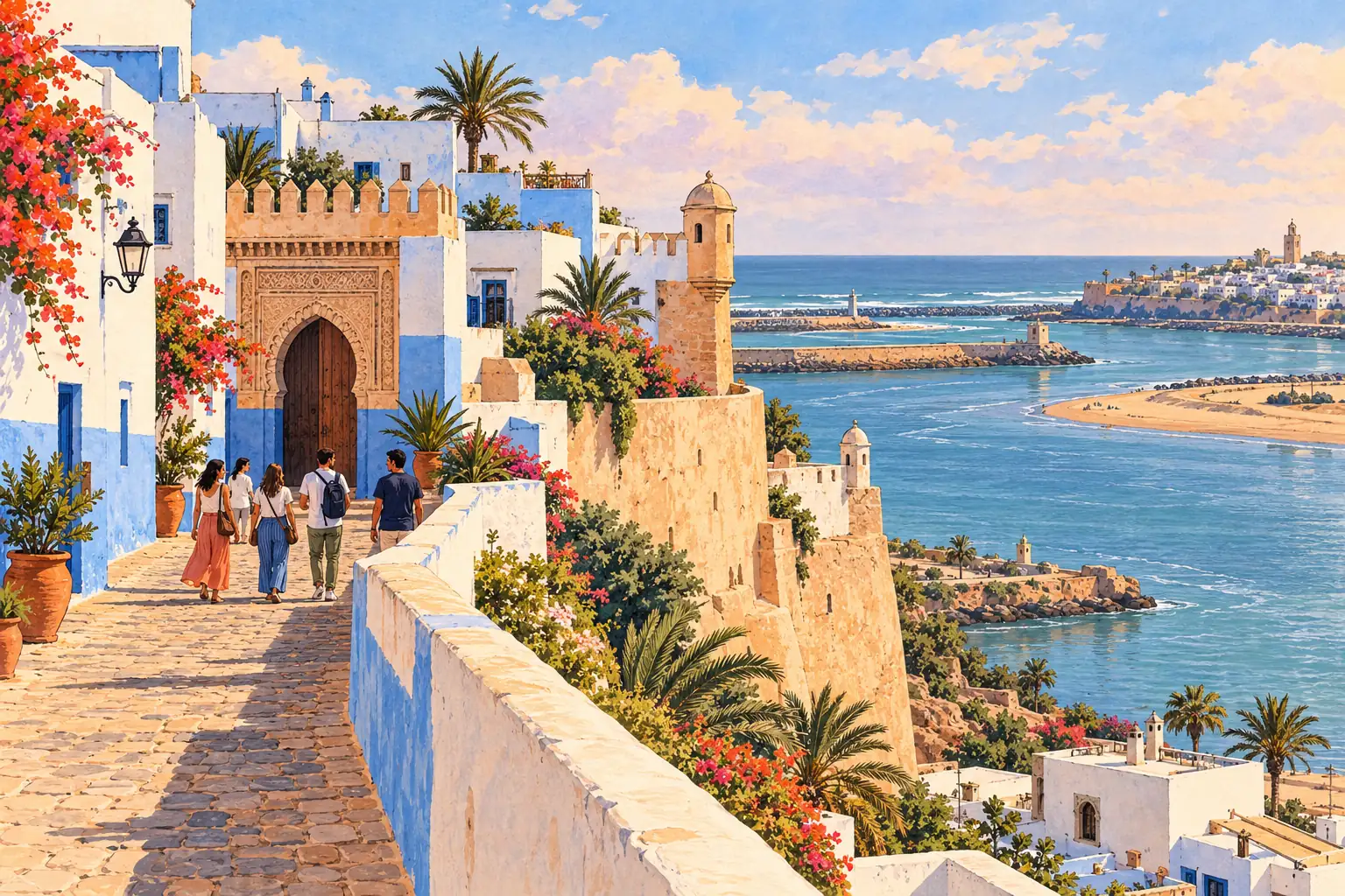 A hand-drawn view of Rabat’s Kasbah of the Udayas overlooking the Bou Regreg and Atlantic coast.