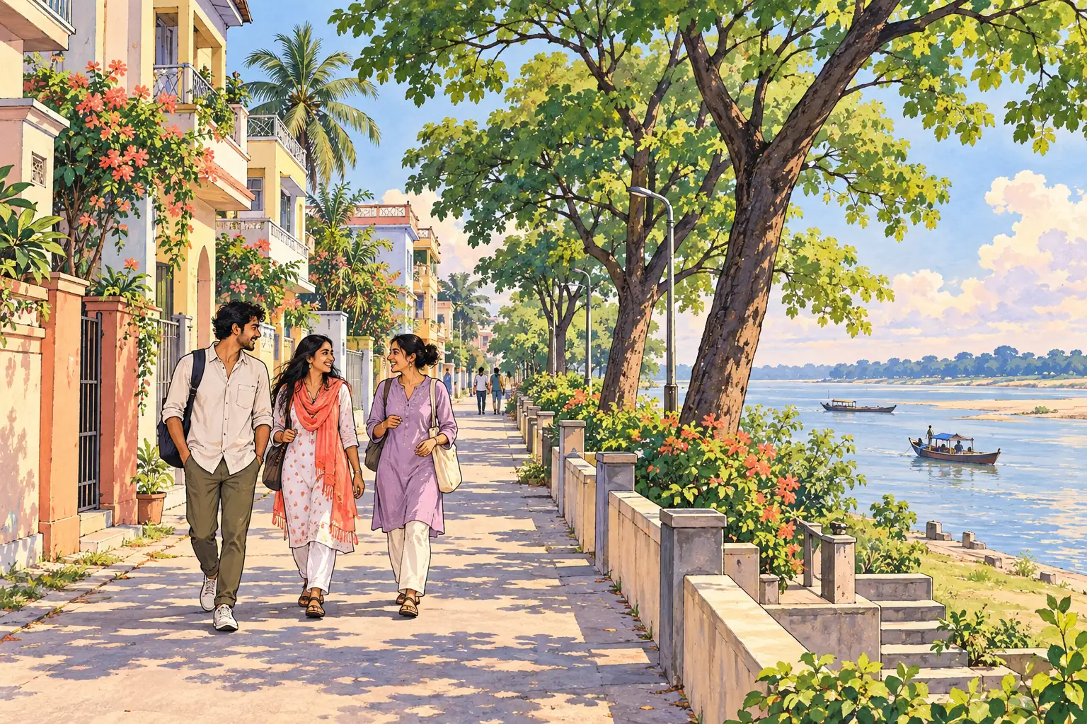 A hand-drawn view of Rajshahi, with local streets, greenery and young adults together.