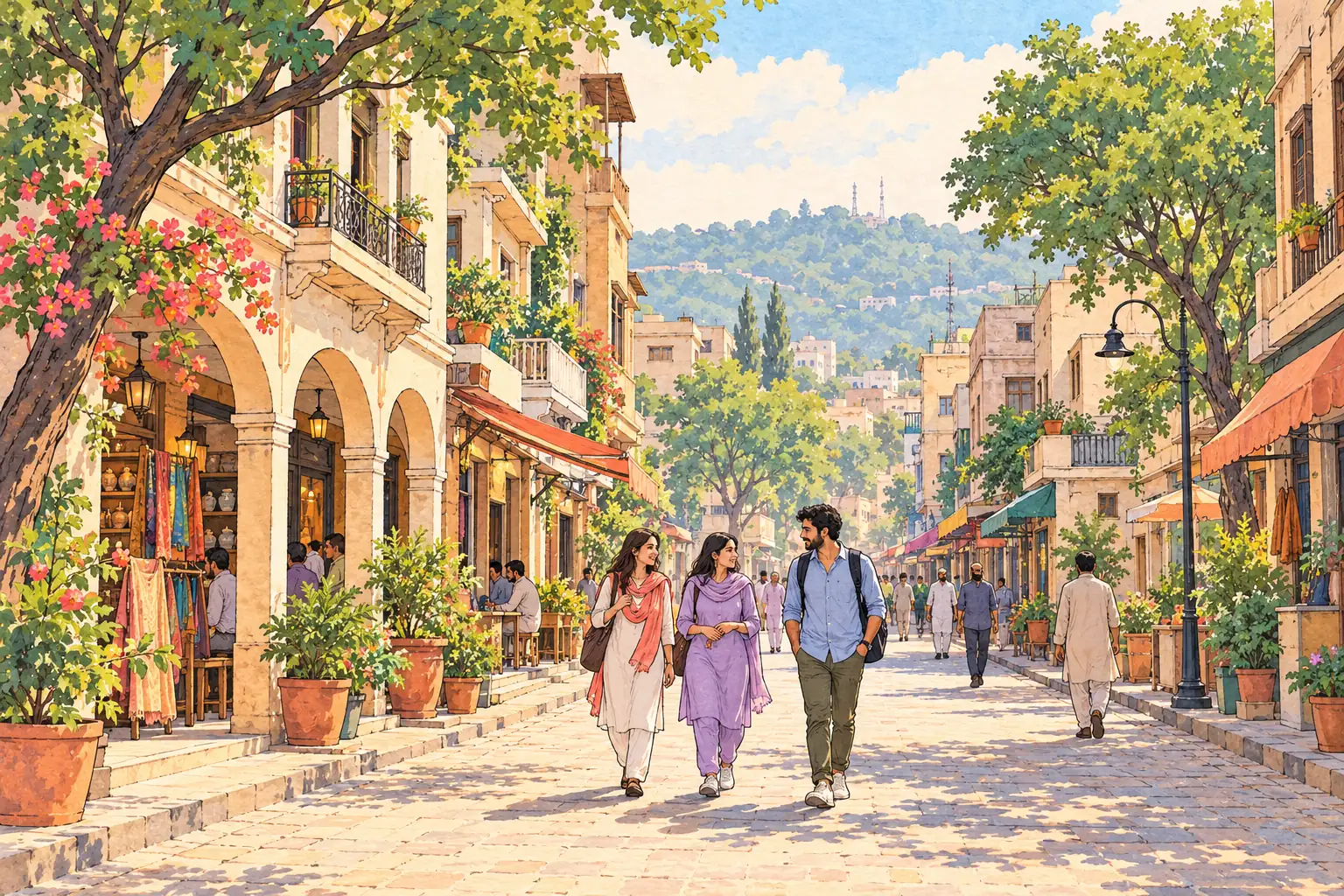 A hand-drawn Rawalpindi pedestrian street with shaded shopfronts, leafy trees, pale buildings and young adults walking together.