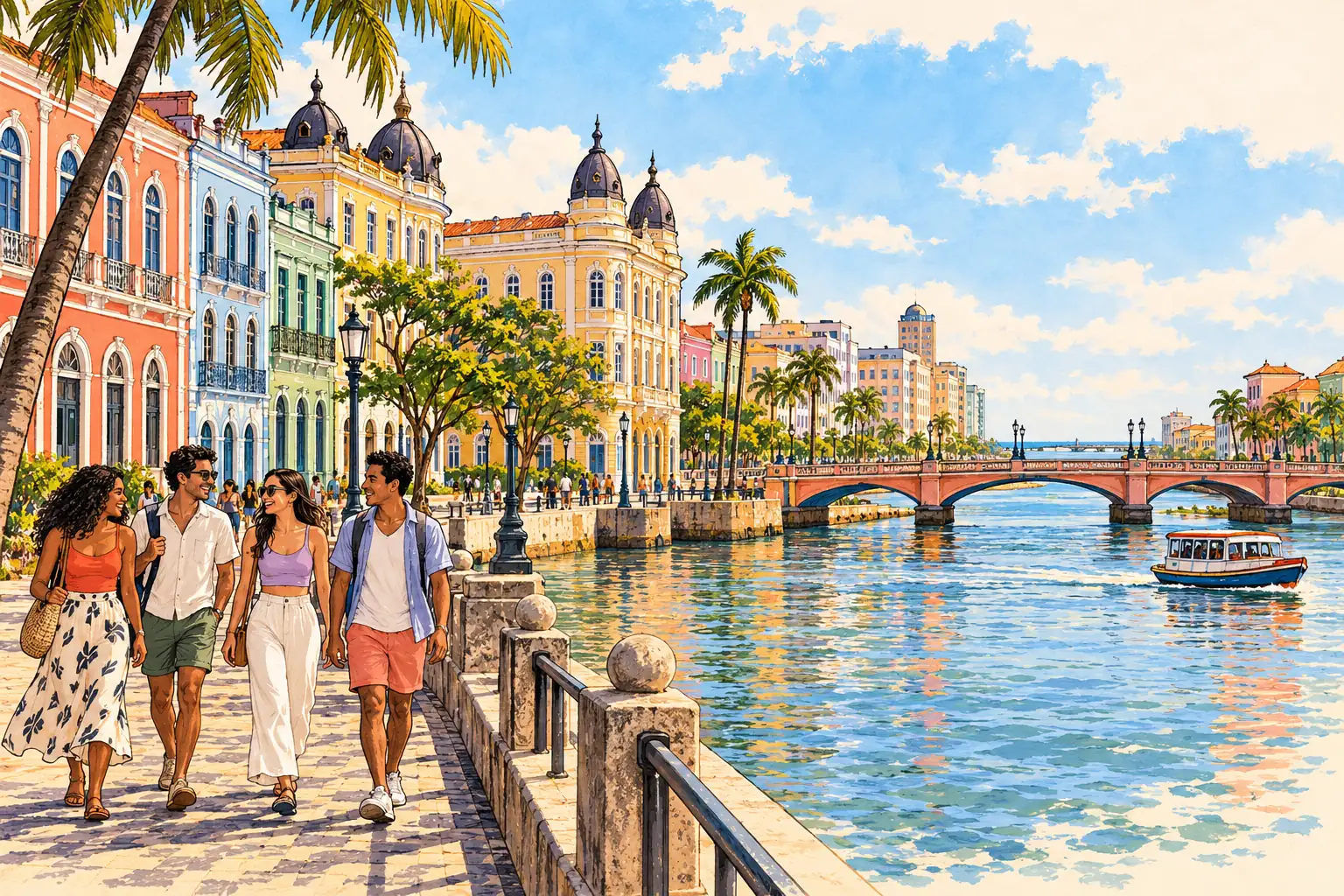 A hand-drawn view of Recife’s colorful historic riverside, bridge and young adults strolling along the Capibaribe.