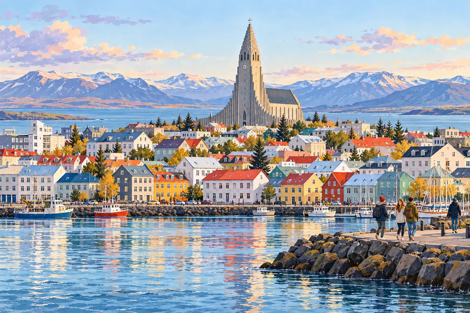 A hand-drawn view of Reykjavík’s harbor and rooftops beneath Hallgrímskirkja and distant mountains.