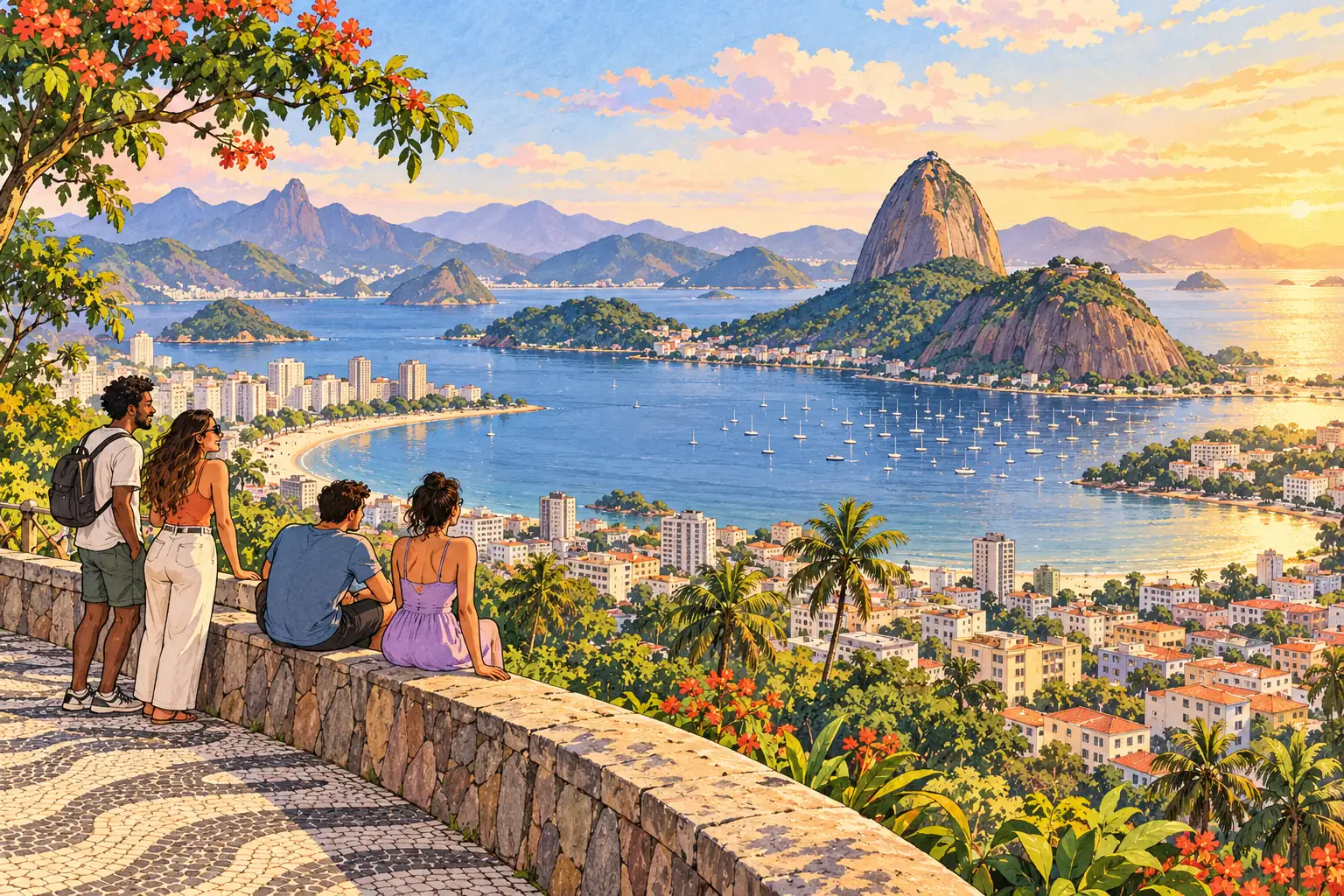 A hand-drawn Rio de Janeiro bay view with Sugarloaf Mountain and young adults by the shore.