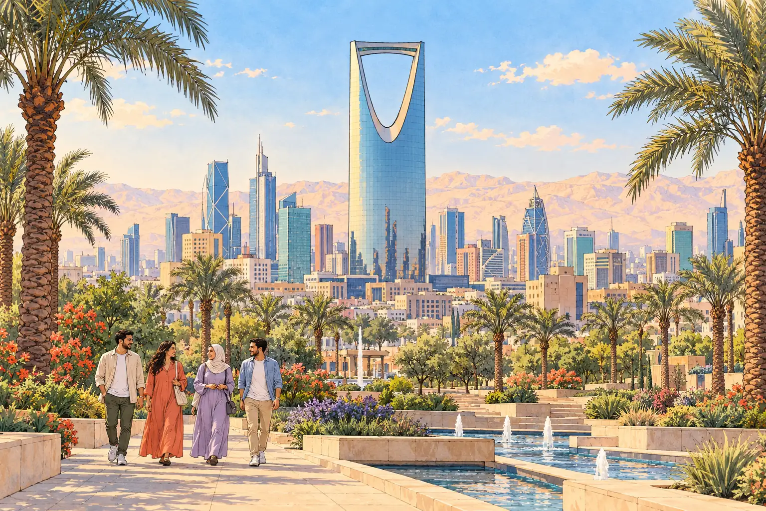 A hand-drawn Riyadh skyline with Kingdom Centre, date palms and young adults in a garden.
