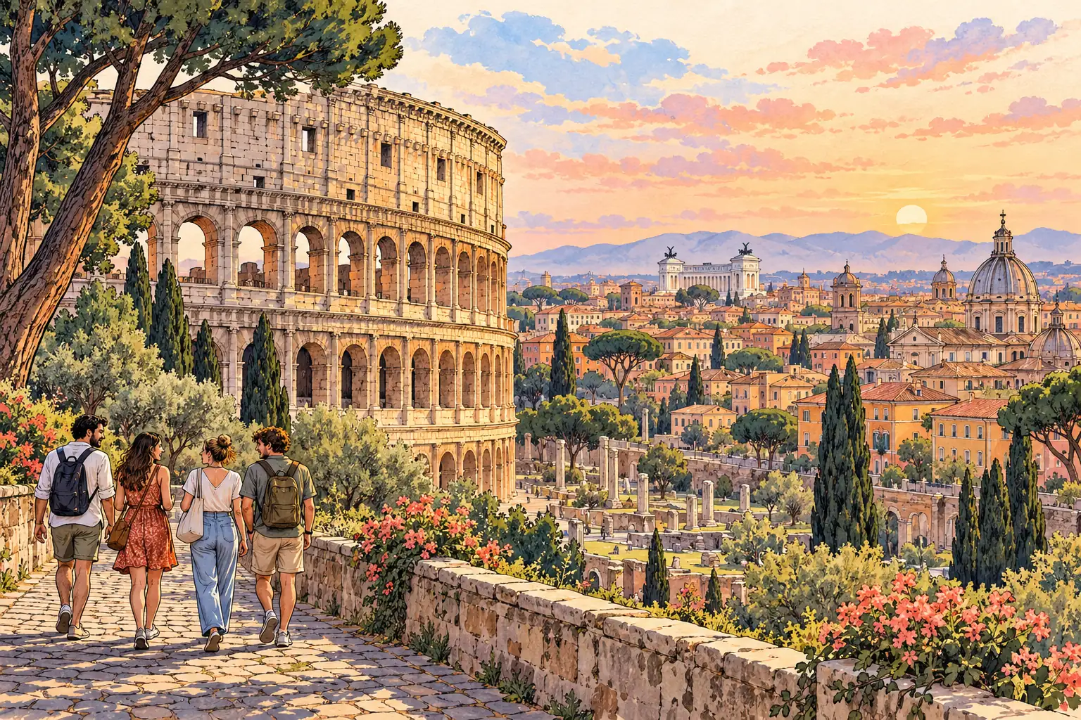 A hand-drawn Rome scene with the Colosseum, terracotta rooftops and cypress trees.