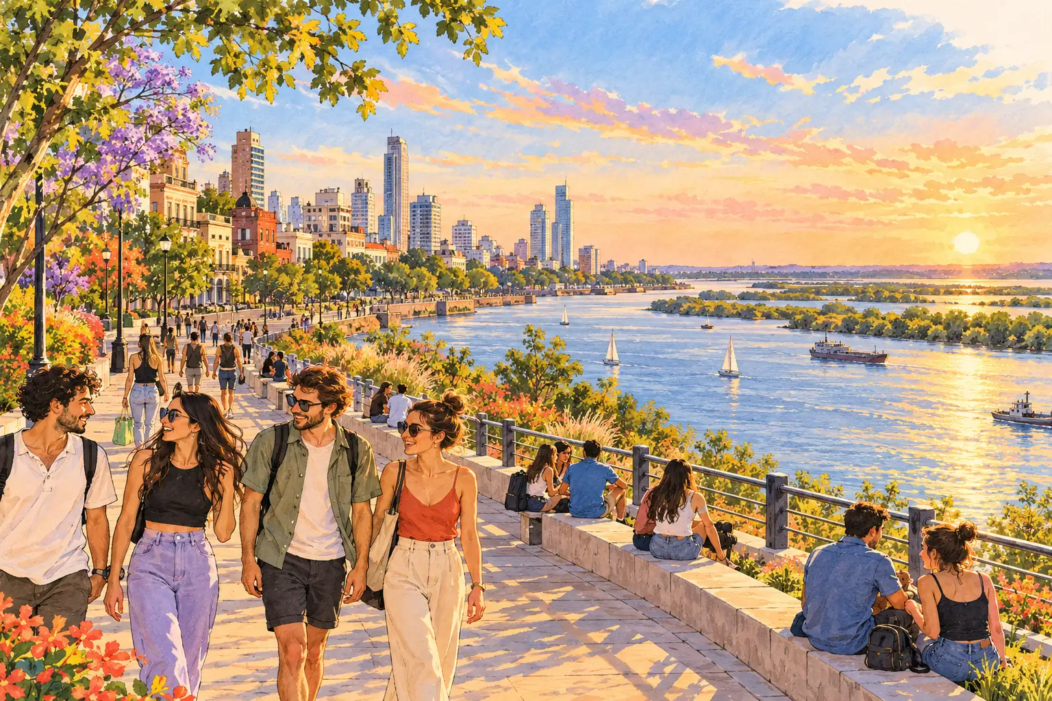 A hand-drawn generic view of Rosario, with the Paraná River waterfront, city buildings and young adults enjoying the promenade.