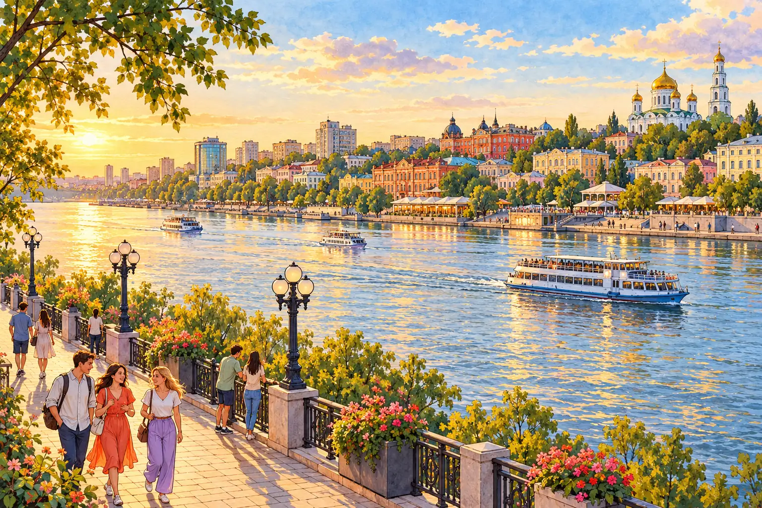 A hand-drawn view of a leafy riverside promenade and city along the Don.