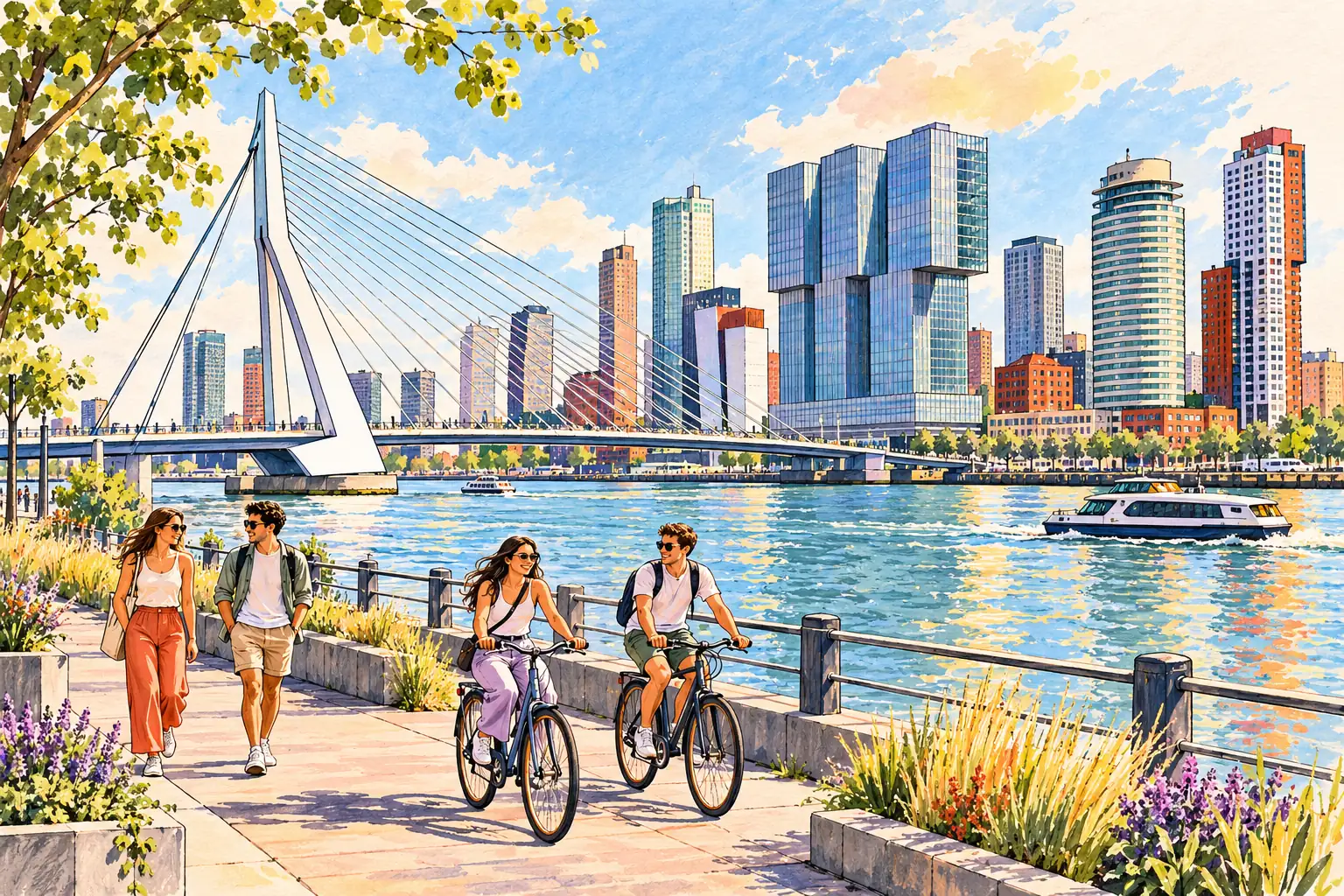 Young adults cycle beside the Nieuwe Maas, with Rotterdam’s Erasmus Bridge and skyline.