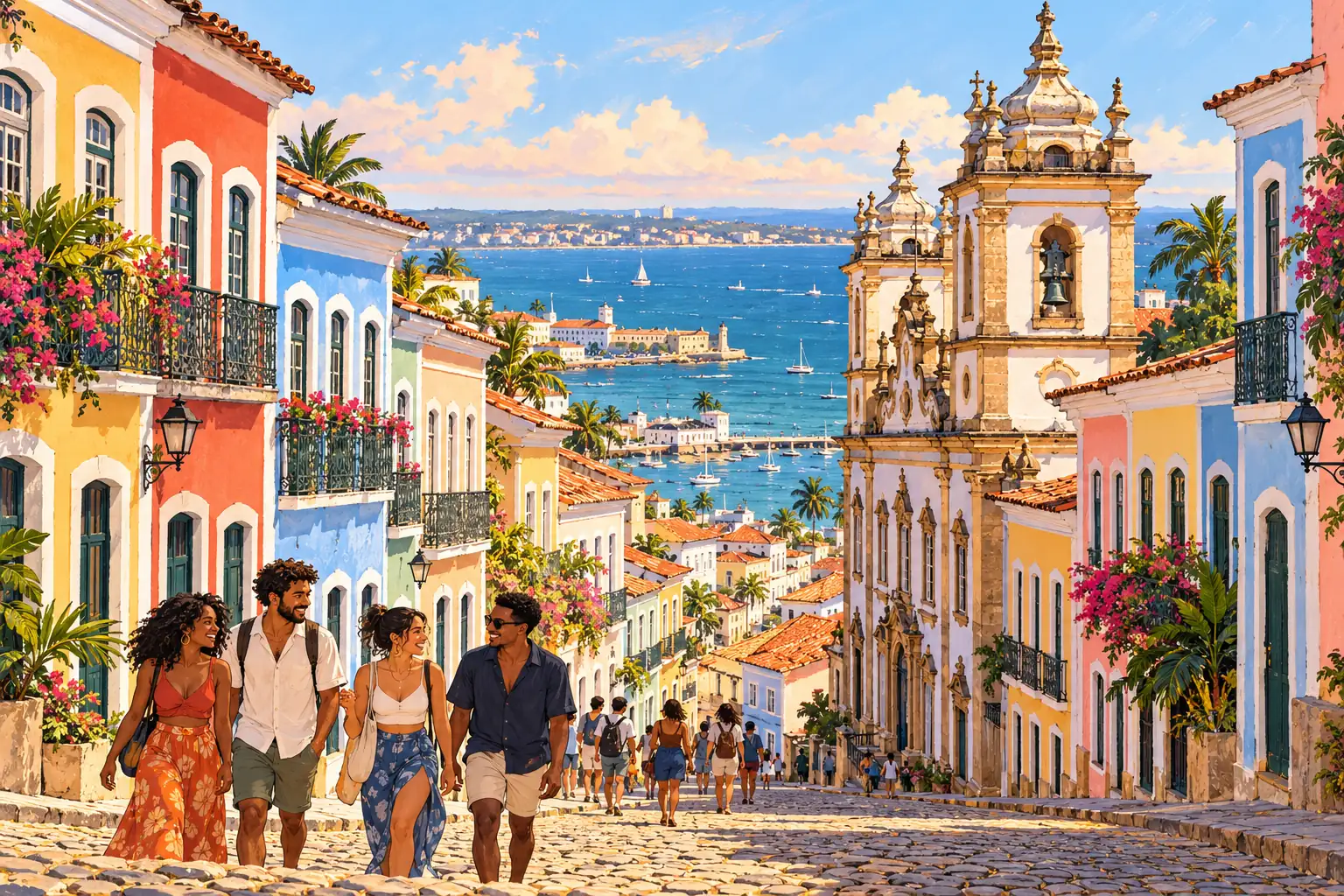 A hand-drawn view of Pelourinho’s colorful streets opening toward the Bay of All Saints.