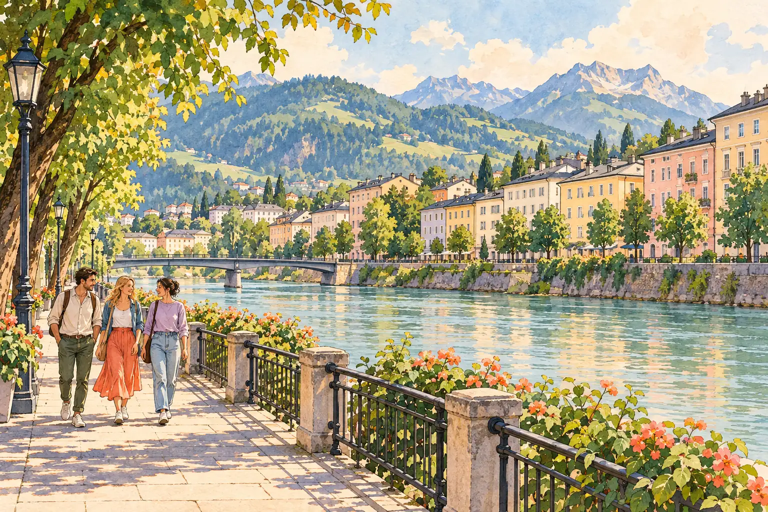 A hand-drawn Salzburg riverside neighborhood with young adults walking beneath trees toward Alpine foothills.
