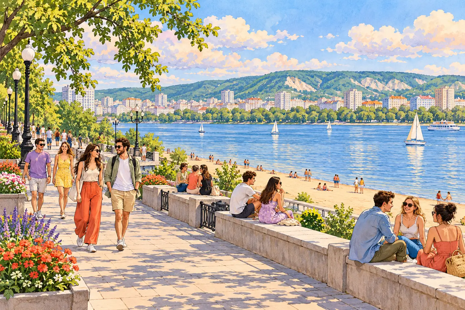 A hand-drawn generic view of Samara, with a Volga River embankment, sandy shore and young adults on the promenade.