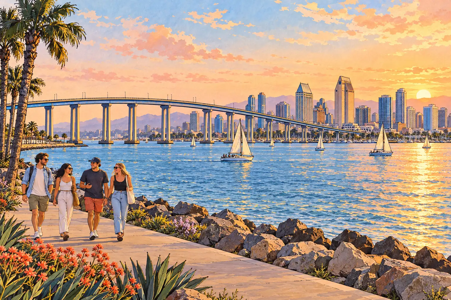 A hand-drawn San Diego harbor view with Coronado Bridge, sailboats and the waterfront skyline.