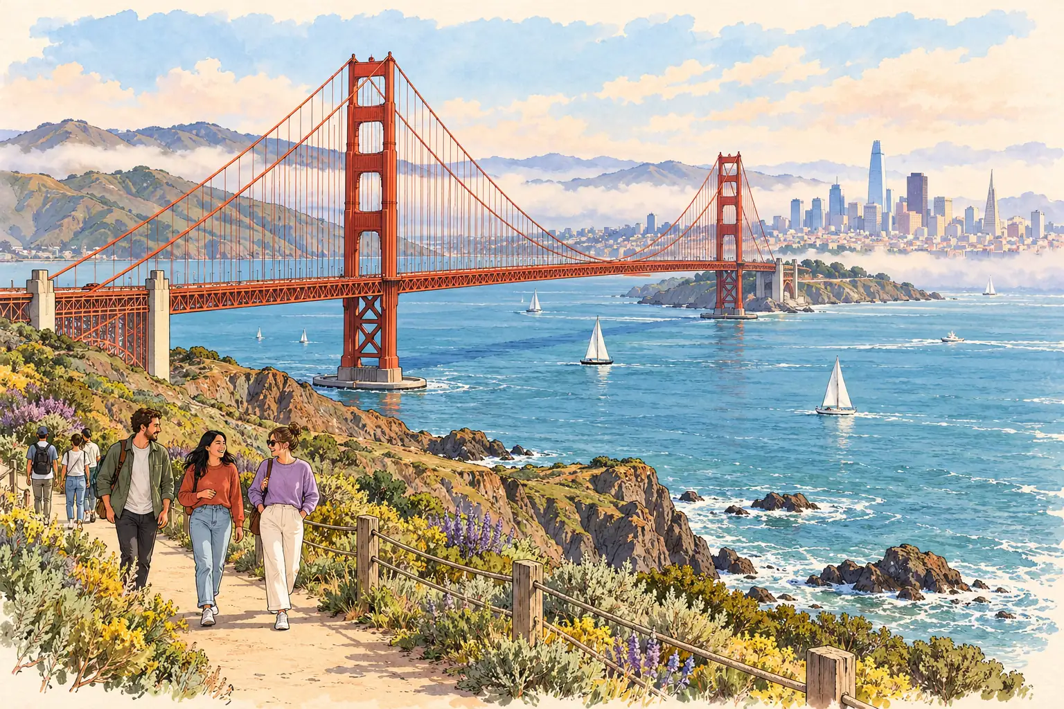 A hand-drawn San Francisco Bay view with the Golden Gate Bridge and young adults on the shore.
