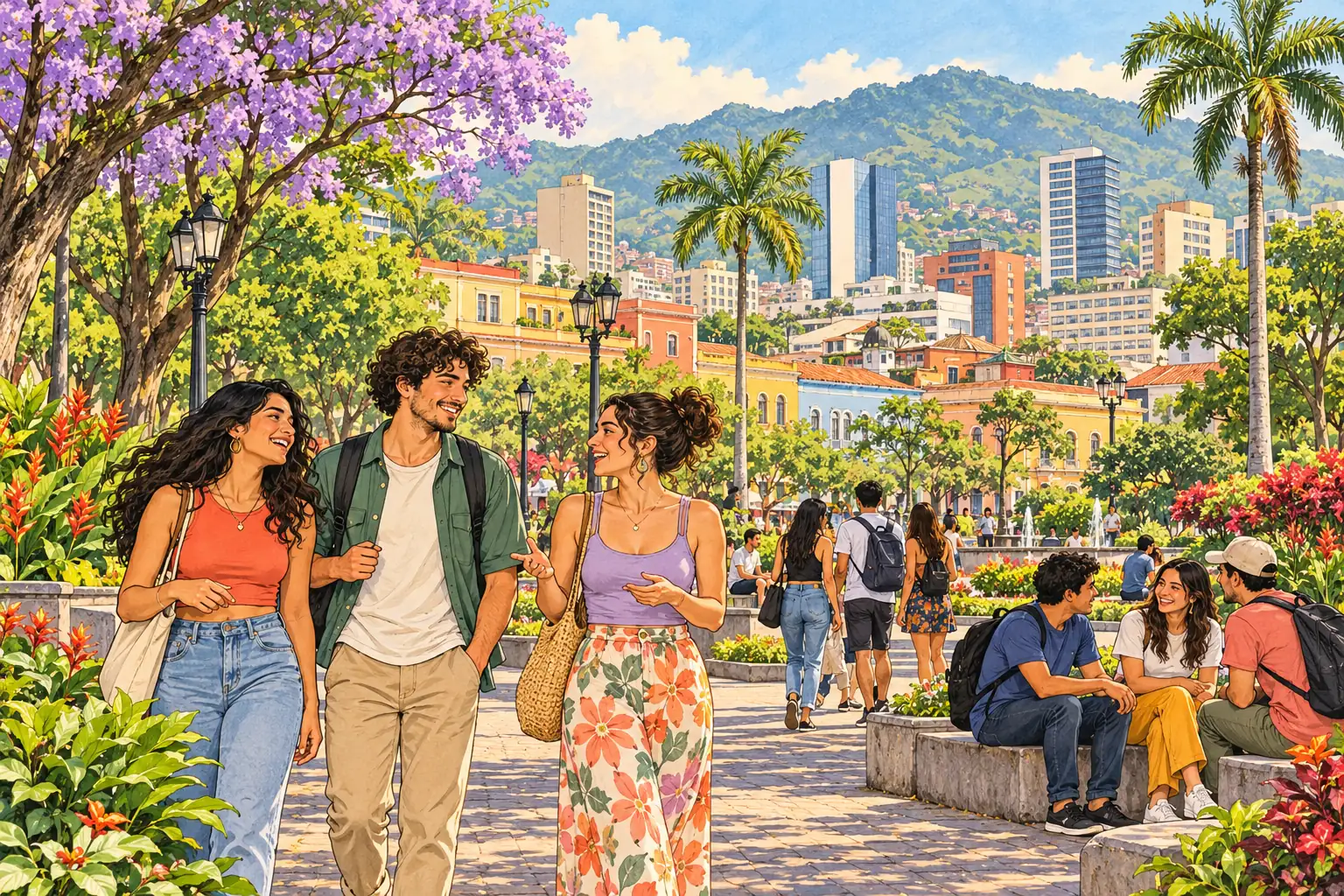 A hand-drawn generic view of San José, with a Central Valley park, green hills and young adults enjoying the paths.
